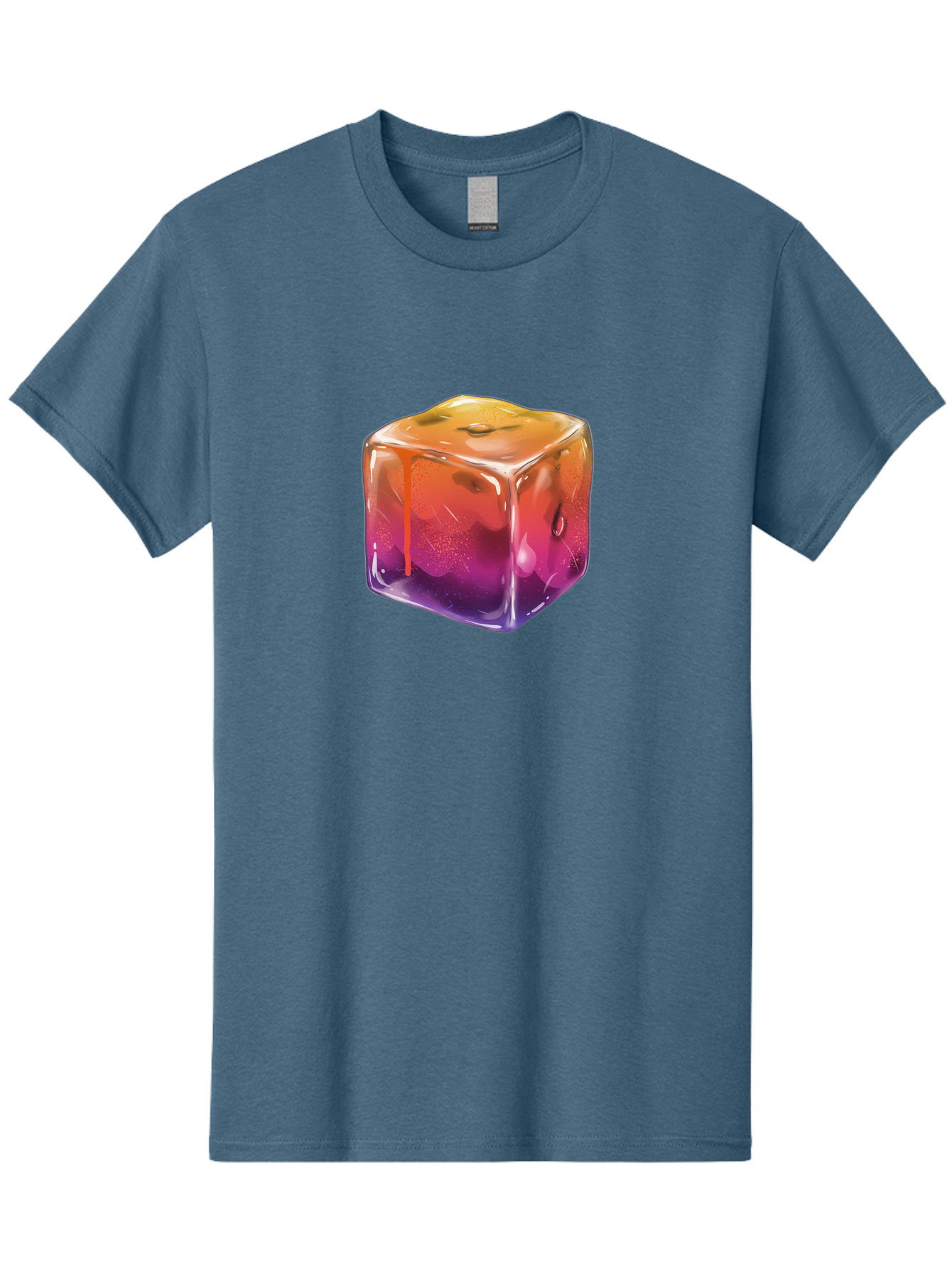 Melting-Ice-Cube Men'S Graphic Tee, 100% Cotton, Comfortable Casual Summer Wear, Machine Washable, Melting Ice Cube, Orange To Purple Gradient, Water Droplets, Melting Effect, Cool Design, Vibrant Colors, Refreshing Feel, Digital Art, Bad311