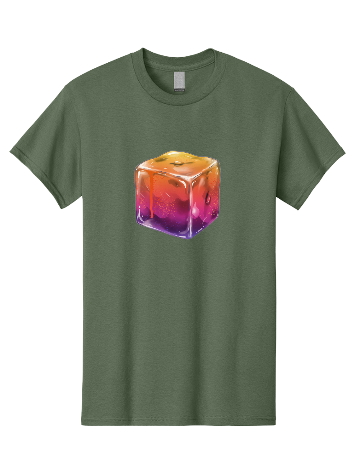 Melting-Ice-Cube Men'S Graphic Tee, 100% Cotton, Comfortable Casual Summer Wear, Machine Washable, Melting Ice Cube, Orange To Purple Gradient, Water Droplets, Melting Effect, Cool Design, Vibrant Colors, Refreshing Feel, Digital Art, Bad311