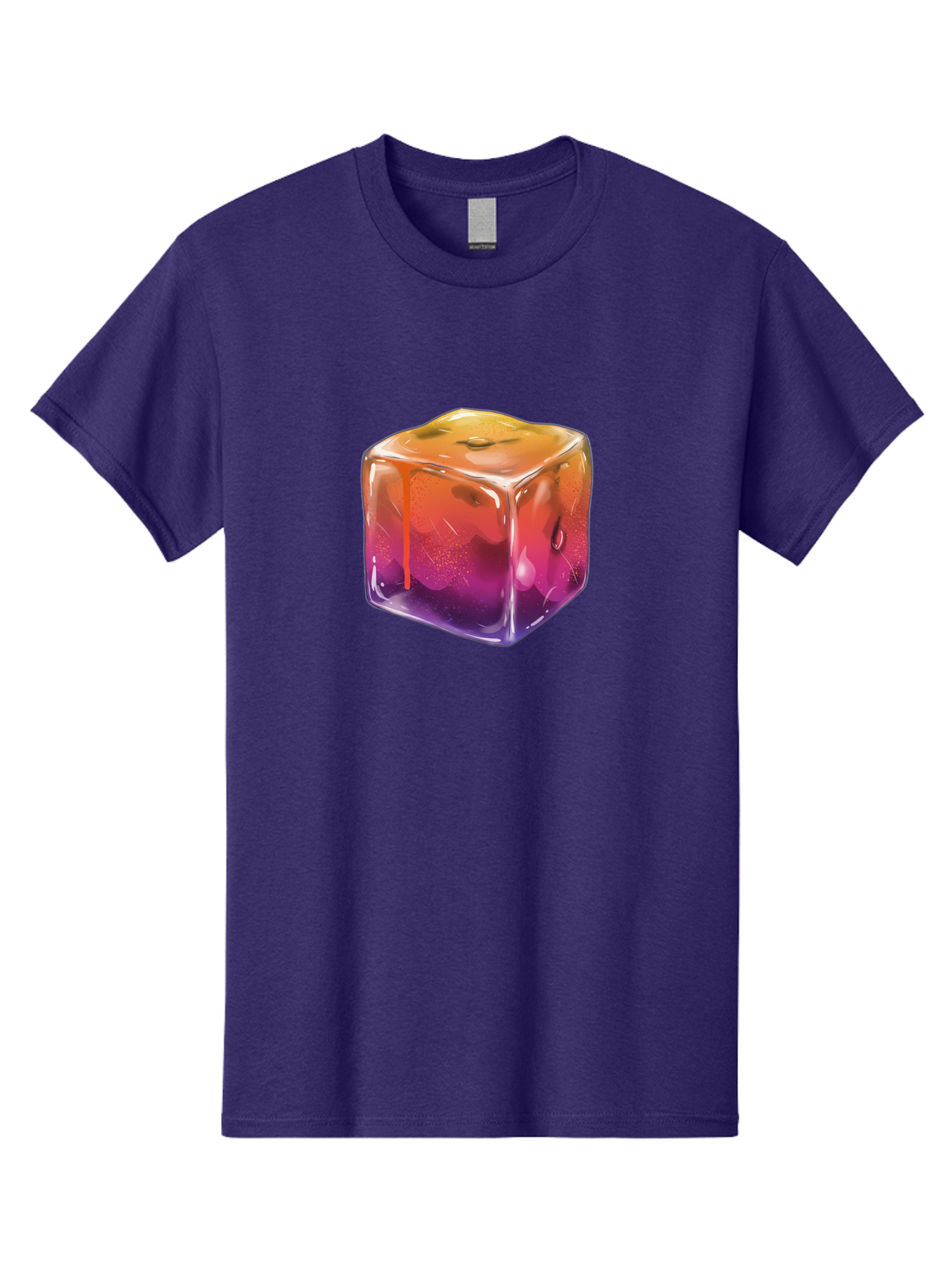Melting-Ice-Cube Men'S Graphic Tee, 100% Cotton, Comfortable Casual Summer Wear, Machine Washable, Melting Ice Cube, Orange To Purple Gradient, Water Droplets, Melting Effect, Cool Design, Vibrant Colors, Refreshing Feel, Digital Art, Bad311