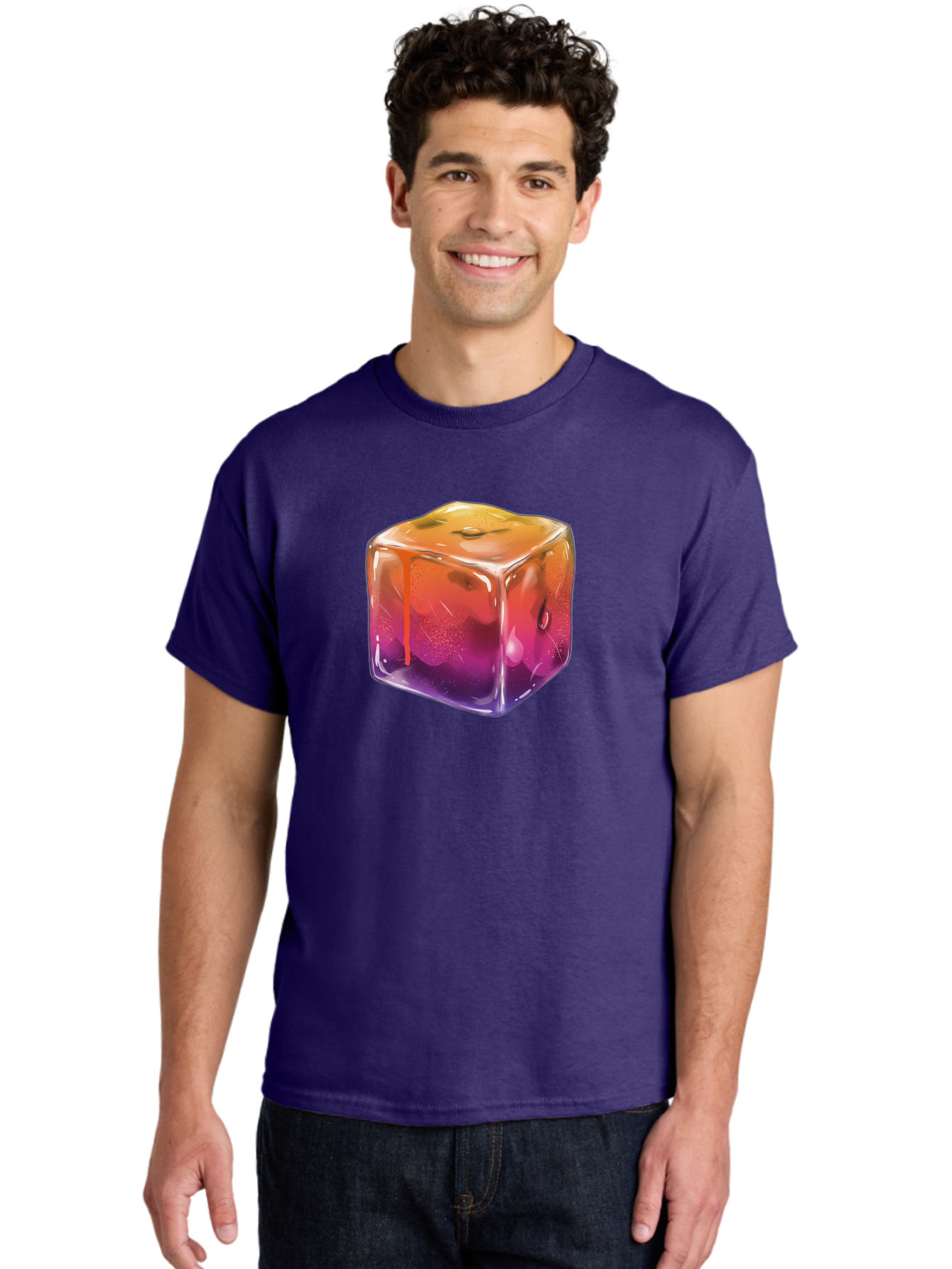 Melting-Ice-Cube Men'S Graphic Tee, 100% Cotton, Comfortable Casual Summer Wear, Machine Washable, Melting Ice Cube, Orange To Purple Gradient, Water Droplets, Melting Effect, Cool Design, Vibrant Colors, Refreshing Feel, Digital Art, Bad311