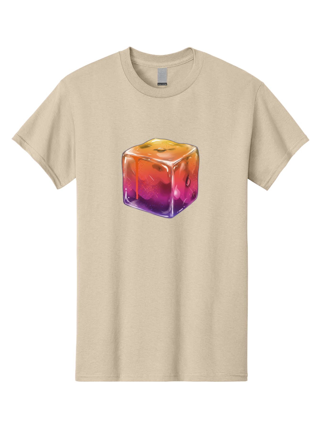 Melting-Ice-Cube Men'S Graphic Tee, 100% Cotton, Comfortable Casual Summer Wear, Machine Washable, Melting Ice Cube, Orange To Purple Gradient, Water Droplets, Melting Effect, Cool Design, Vibrant Colors, Refreshing Feel, Digital Art, Bad311