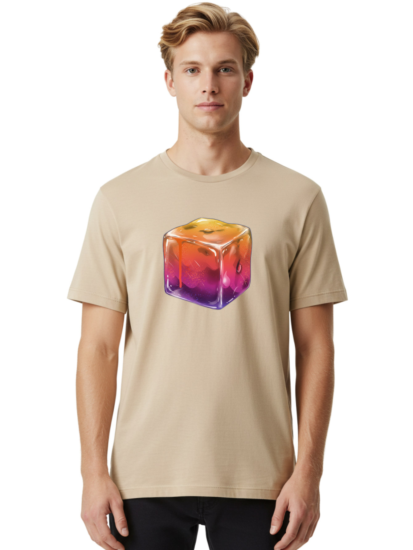 Melting-Ice-Cube Men'S Graphic Tee, 100% Cotton, Comfortable Casual Summer Wear, Machine Washable, Melting Ice Cube, Orange To Purple Gradient, Water Droplets, Melting Effect, Cool Design, Vibrant Colors, Refreshing Feel, Digital Art, Bad311