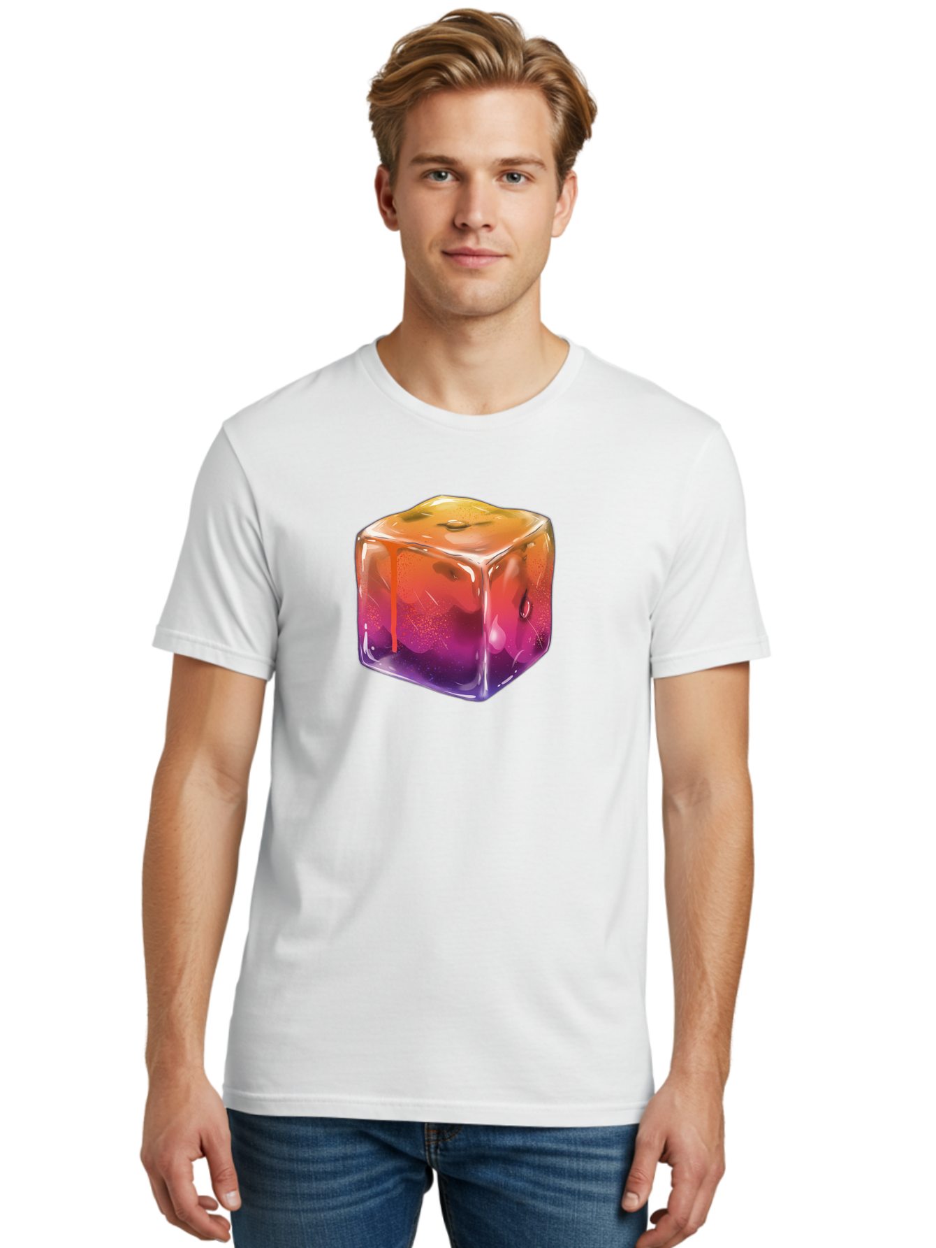 Melting-Ice-Cube Men'S Graphic Tee, 100% Cotton, Comfortable Casual Summer Wear, Machine Washable, Melting Ice Cube, Orange To Purple Gradient, Water Droplets, Melting Effect, Cool Design, Vibrant Colors, Refreshing Feel, Digital Art, Bad311