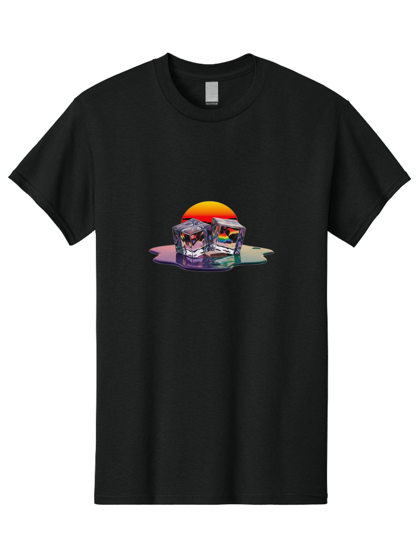 Melting-Ice-Cubes-1 Men'S Graphic Tee, 100% Cotton, Comfortable Casual Summer Wear, Machine Washable, Ice Cubes, Melting Ice, Reflective Surface, Rainbow Colors, Vibrant Sunset, Abstract Art, Cool Design, Futuristic Style, Liquid Splash Bad312