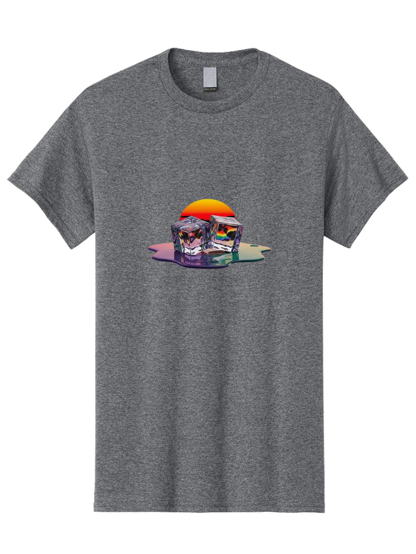Melting-Ice-Cubes-1 Men'S Graphic Tee, 100% Cotton, Comfortable Casual Summer Wear, Machine Washable, Ice Cubes, Melting Ice, Reflective Surface, Rainbow Colors, Vibrant Sunset, Abstract Art, Cool Design, Futuristic Style, Liquid Splash Bad312