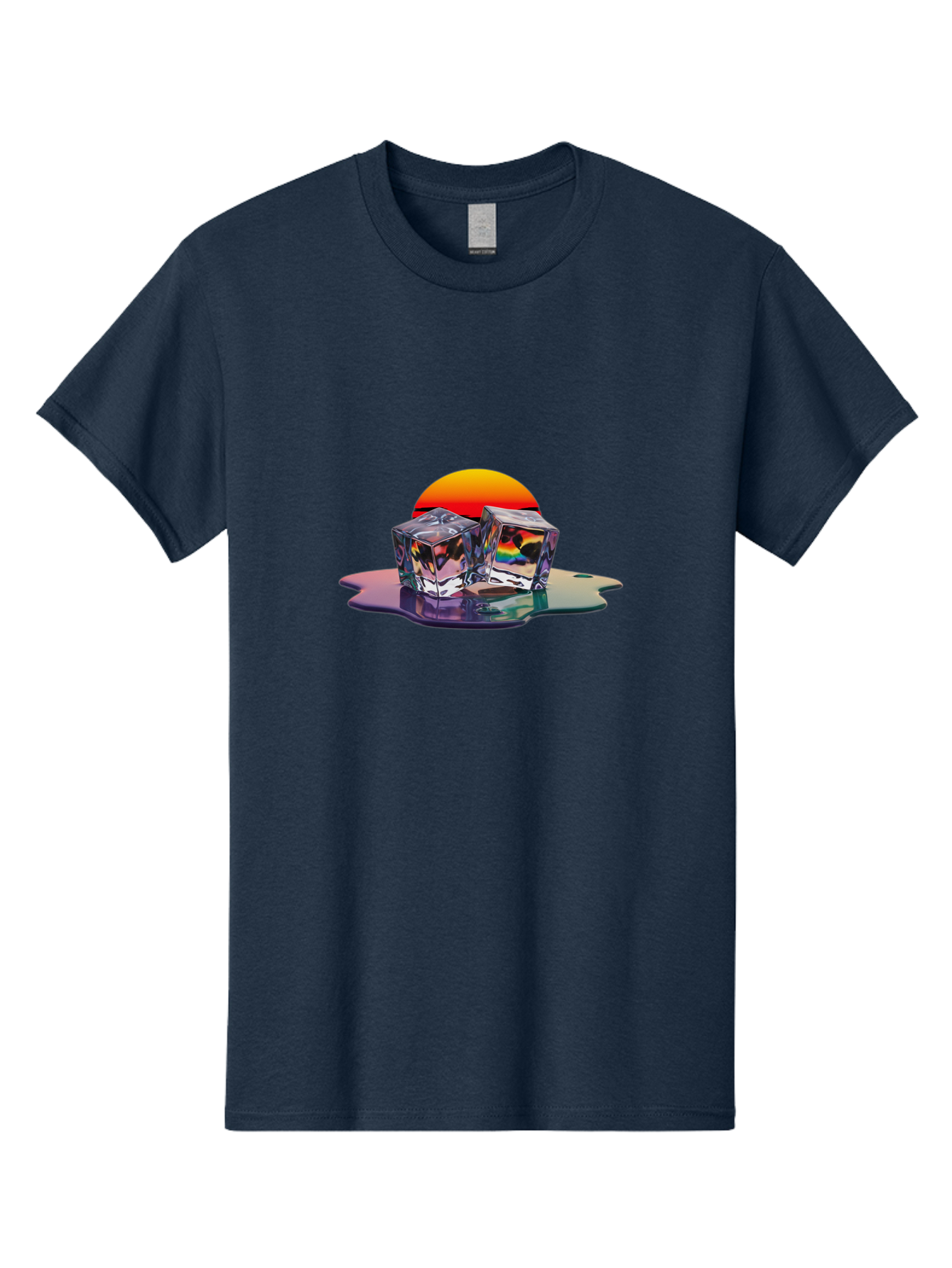 Melting-Ice-Cubes-1 Men'S Graphic Tee, 100% Cotton, Comfortable Casual Summer Wear, Machine Washable, Ice Cubes, Melting Ice, Reflective Surface, Rainbow Colors, Vibrant Sunset, Abstract Art, Cool Design, Futuristic Style, Liquid Splash Bad312