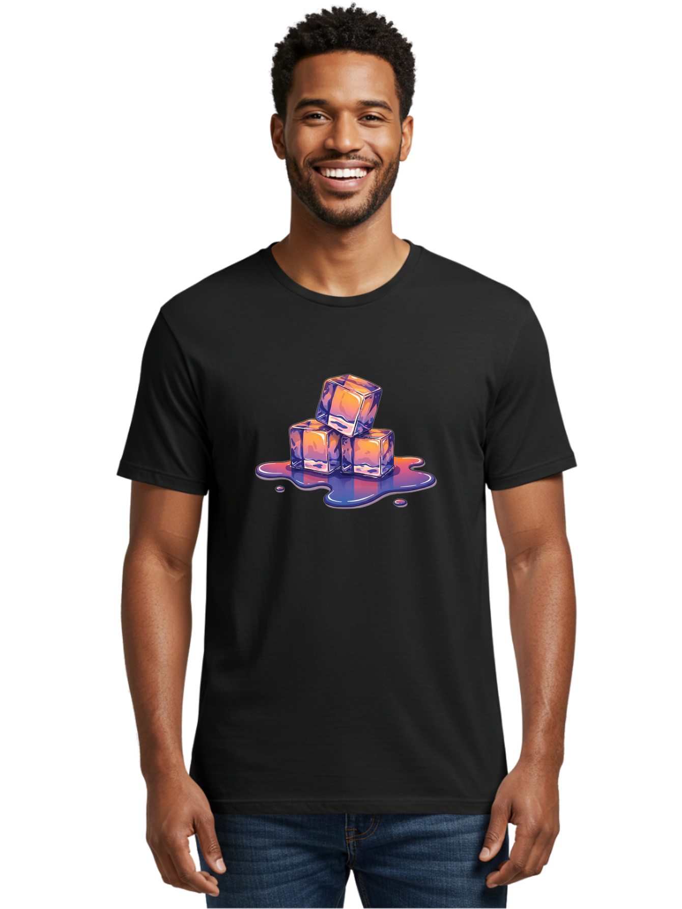 Melting-Ice-Cubes Men'S Graphic Tee, 100% Cotton, Comfortable Casual Summer Wear, Machine Washable, Ice Cubes, Melting Ice, Cold Beverage, Refreshing Drink, Vibrant Colors, Purple And Orange Hues, Liquid Splash, Cool Atmosphere, Frosty Effect Bad314