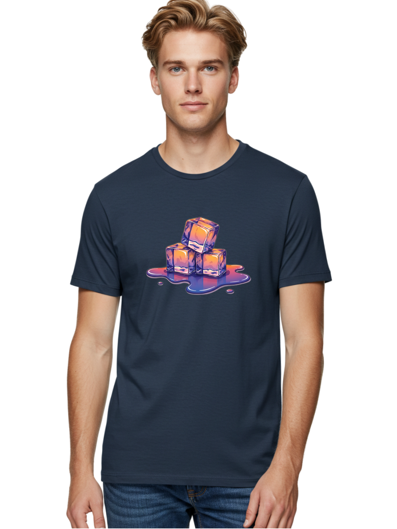 Melting-Ice-Cubes Men'S Graphic Tee, 100% Cotton, Comfortable Casual Summer Wear, Machine Washable, Ice Cubes, Melting Ice, Cold Beverage, Refreshing Drink, Vibrant Colors, Purple And Orange Hues, Liquid Splash, Cool Atmosphere, Frosty Effect Bad314