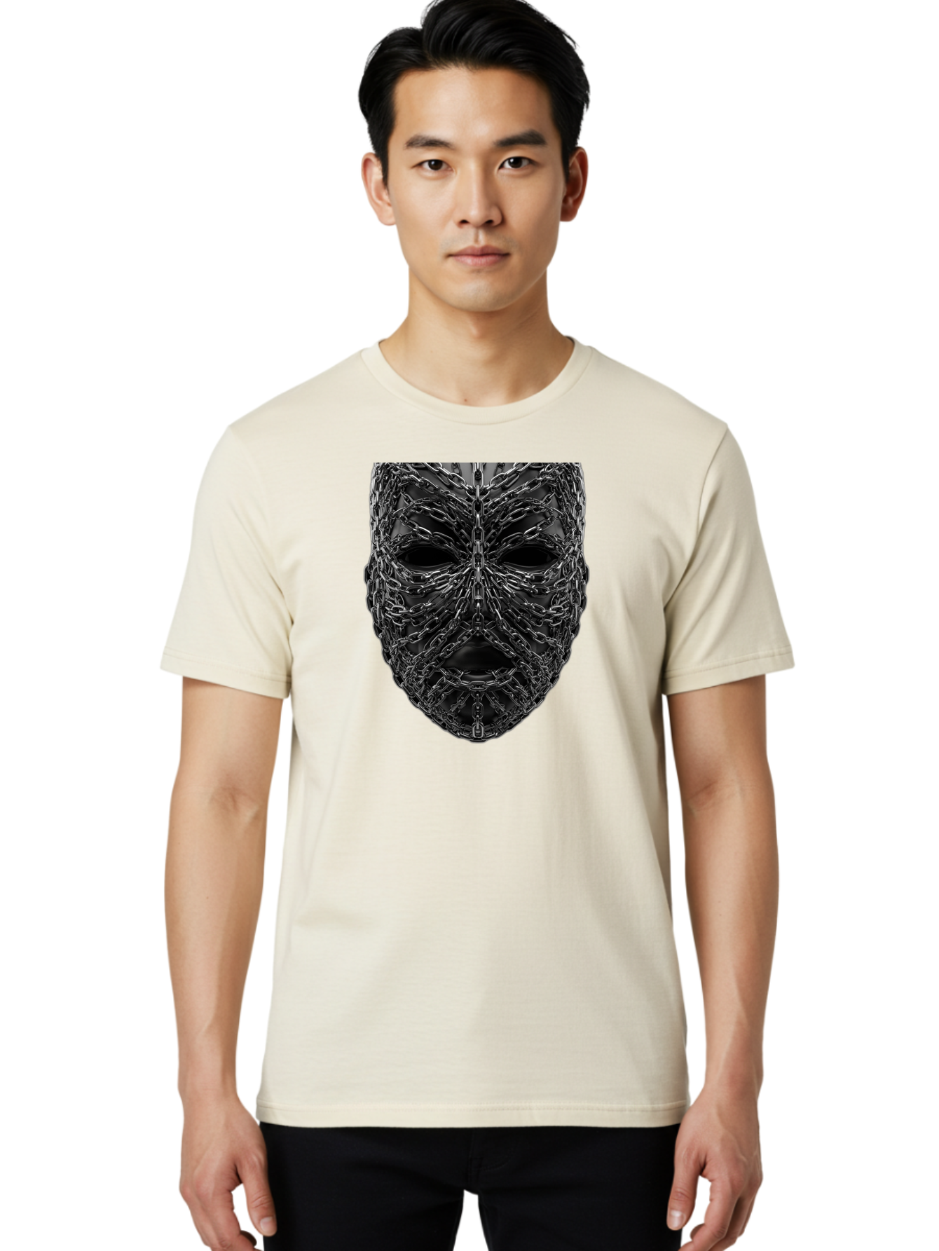 Metal-Chain-Mask Men'S Graphic Tee, 100% Cotton, Comfortable Casual Summer Wear, Machine Washable, Black Mask With Chains, Metal Chains Wrapped Around Face, Eerie Atmosphere, Dark Art, Gothic Style, Industrial Design, Chains, Mask, Bad316