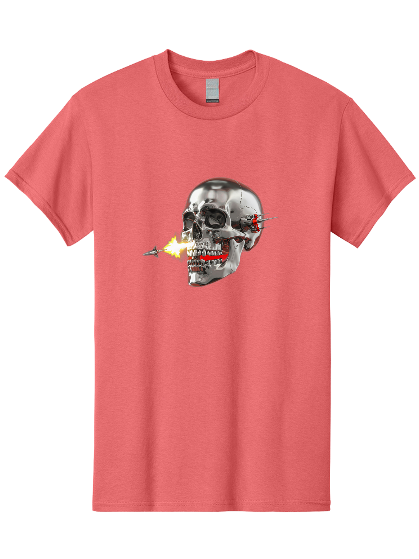 Metal-Skull Men'S Graphic Tee, 100% Cotton, Comfortable Casual Summer Wear, Machine Washable, Metal Skull, Robotic Skull, Futuristic Design, Cybernetic Enhancements, Metallic Finish, Sharp Teeth, Red Accents, Sci-Fi Element, Metal Implants, Bad317