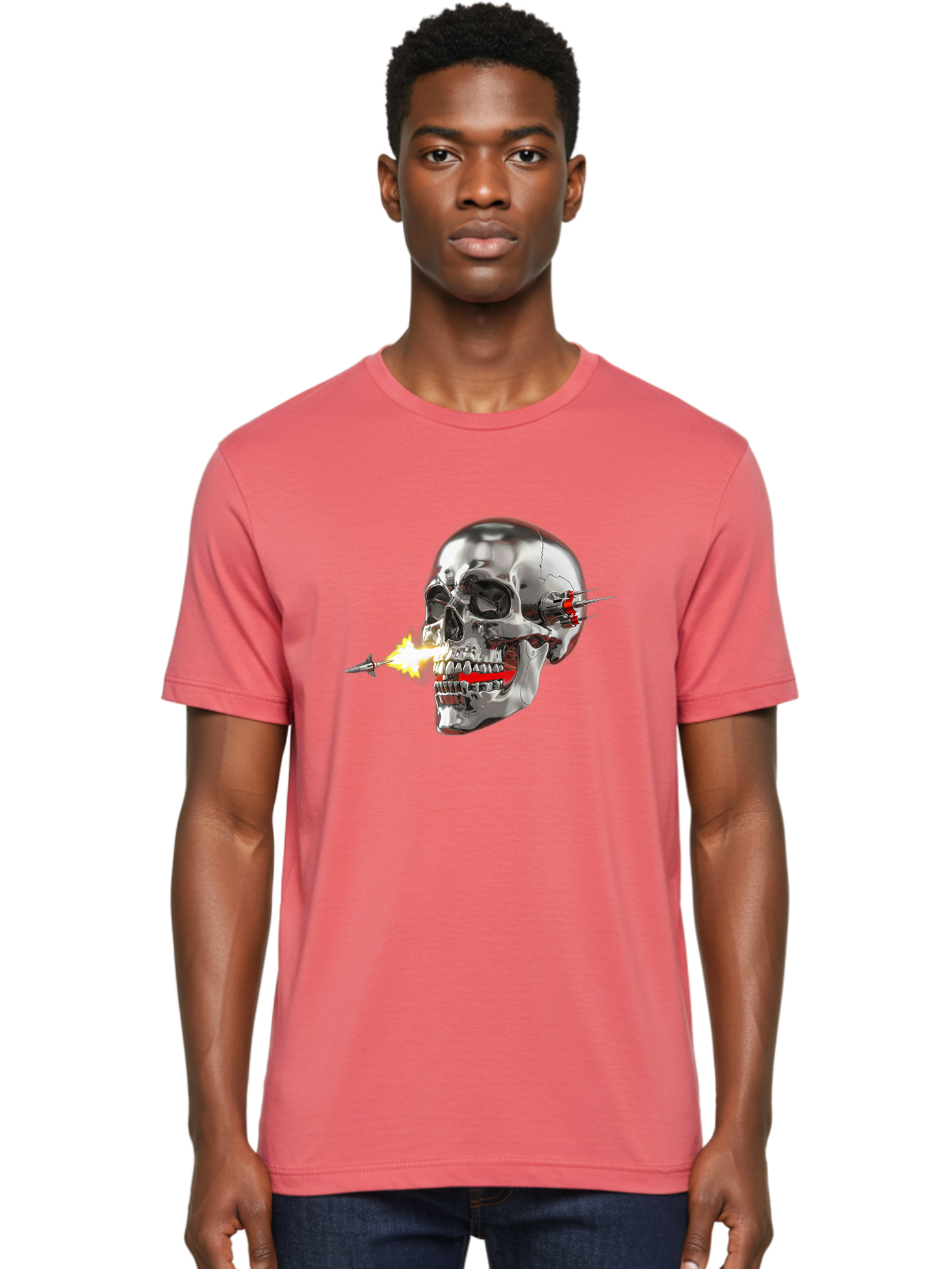 Metal-Skull Men'S Graphic Tee, 100% Cotton, Comfortable Casual Summer Wear, Machine Washable, Metal Skull, Robotic Skull, Futuristic Design, Cybernetic Enhancements, Metallic Finish, Sharp Teeth, Red Accents, Sci-Fi Element, Metal Implants, Bad317