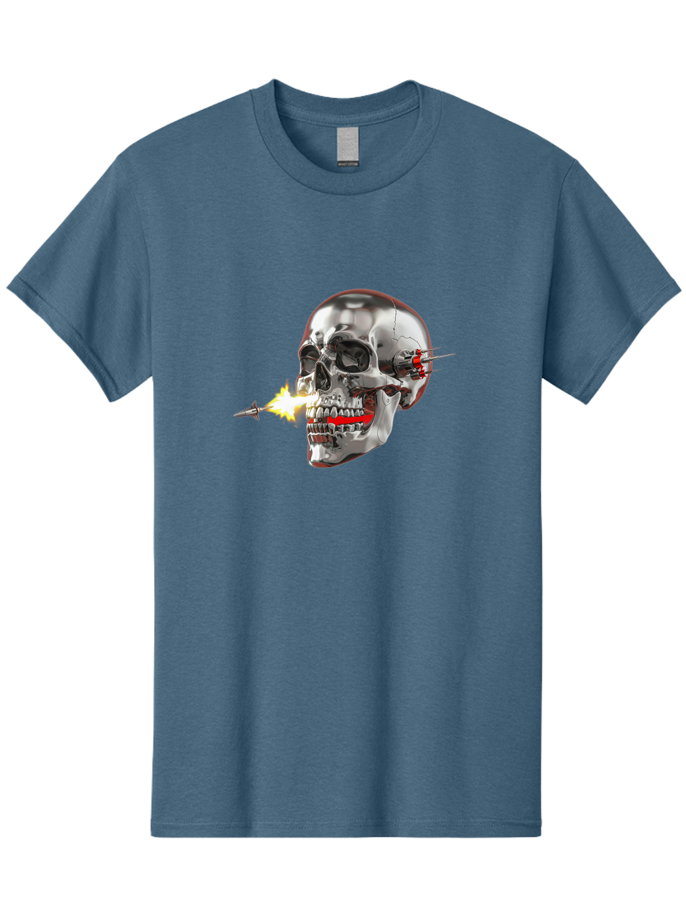 Metal-Skull Men'S Graphic Tee, 100% Cotton, Comfortable Casual Summer Wear, Machine Washable, Metal Skull, Robotic Skull, Futuristic Design, Cybernetic Enhancements, Metallic Finish, Sharp Teeth, Red Accents, Sci-Fi Element, Metal Implants, Bad317