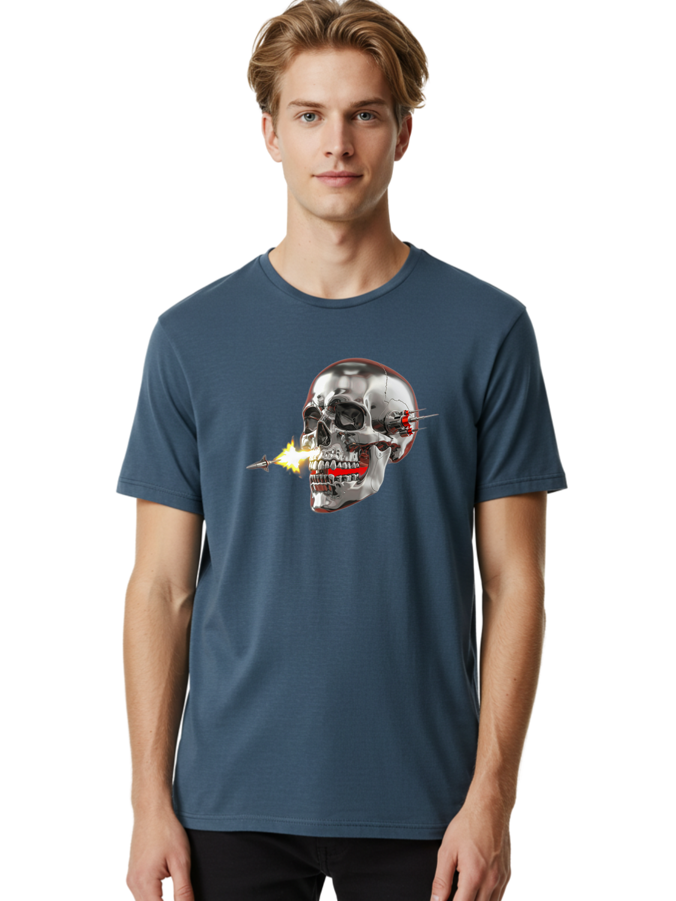 Metal-Skull Men'S Graphic Tee, 100% Cotton, Comfortable Casual Summer Wear, Machine Washable, Metal Skull, Robotic Skull, Futuristic Design, Cybernetic Enhancements, Metallic Finish, Sharp Teeth, Red Accents, Sci-Fi Element, Metal Implants, Bad317