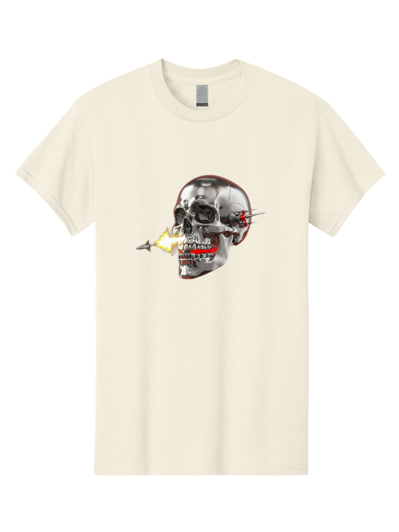 Metal-Skull Men'S Graphic Tee, 100% Cotton, Comfortable Casual Summer Wear, Machine Washable, Metal Skull, Robotic Skull, Futuristic Design, Cybernetic Enhancements, Metallic Finish, Sharp Teeth, Red Accents, Sci-Fi Element, Metal Implants, Bad317