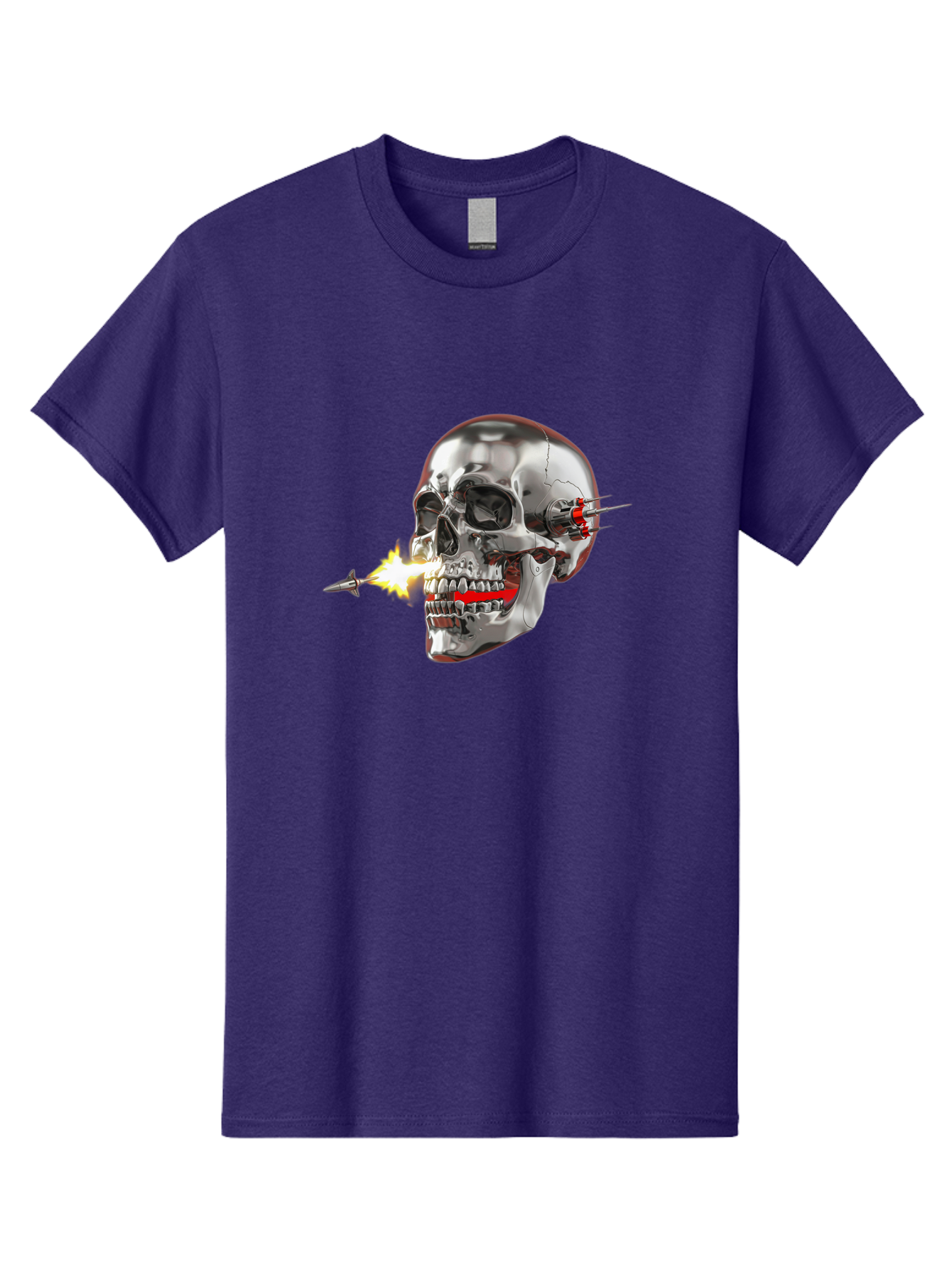 Metal-Skull Men'S Graphic Tee, 100% Cotton, Comfortable Casual Summer Wear, Machine Washable, Metal Skull, Robotic Skull, Futuristic Design, Cybernetic Enhancements, Metallic Finish, Sharp Teeth, Red Accents, Sci-Fi Element, Metal Implants, Bad317
