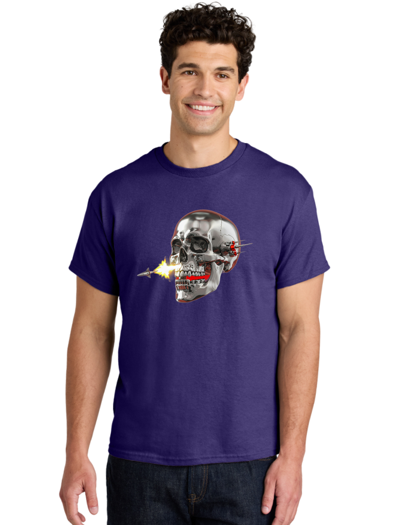 Metal-Skull Men'S Graphic Tee, 100% Cotton, Comfortable Casual Summer Wear, Machine Washable, Metal Skull, Robotic Skull, Futuristic Design, Cybernetic Enhancements, Metallic Finish, Sharp Teeth, Red Accents, Sci-Fi Element, Metal Implants, Bad317