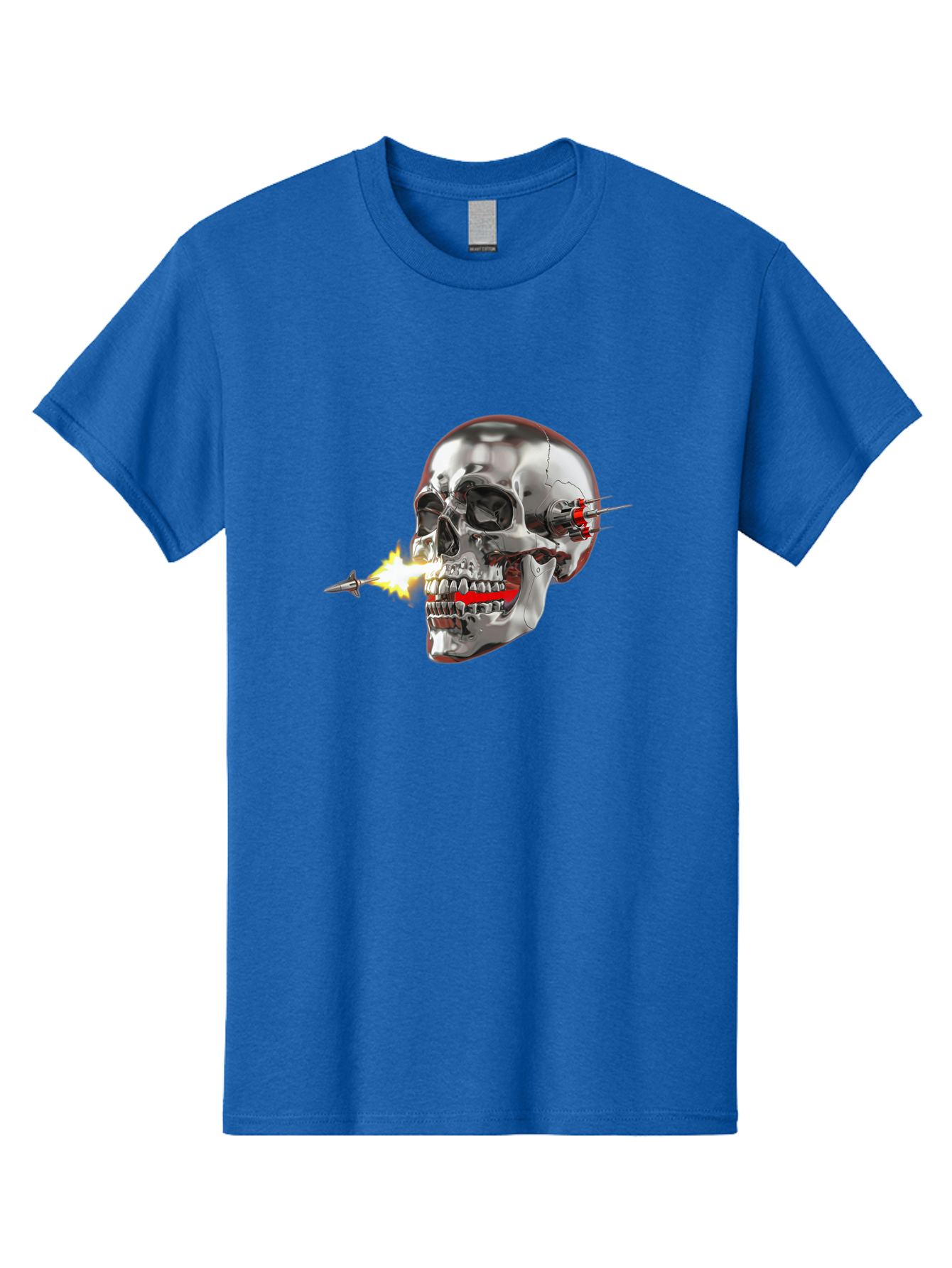 Metal-Skull Men'S Graphic Tee, 100% Cotton, Comfortable Casual Summer Wear, Machine Washable, Metal Skull, Robotic Skull, Futuristic Design, Cybernetic Enhancements, Metallic Finish, Sharp Teeth, Red Accents, Sci-Fi Element, Metal Implants, Bad317