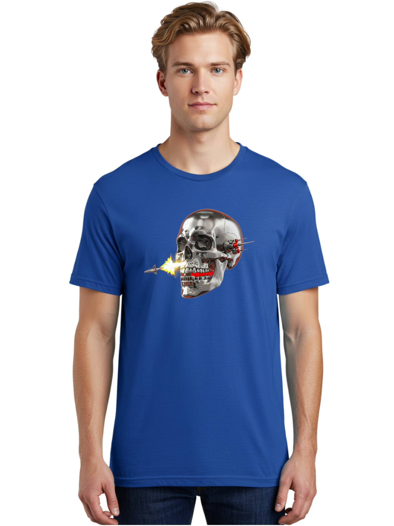 Metal-Skull Men'S Graphic Tee, 100% Cotton, Comfortable Casual Summer Wear, Machine Washable, Metal Skull, Robotic Skull, Futuristic Design, Cybernetic Enhancements, Metallic Finish, Sharp Teeth, Red Accents, Sci-Fi Element, Metal Implants, Bad317