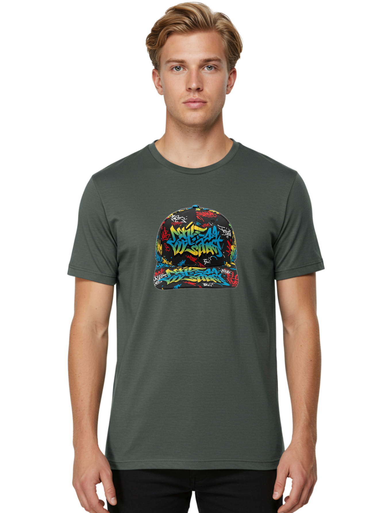 Mike-D-S-Graffiti-Cap Men'S Graphic Tee, 100% Cotton, Comfortable Casual Summer Wear, Machine Washable, Baseball Cap, Graffiti Style, Streetwear Fashion, Urban Clothing, Bold Designs, Vibrant Colors, Stylish Accessories, Casual Wear, Bad318