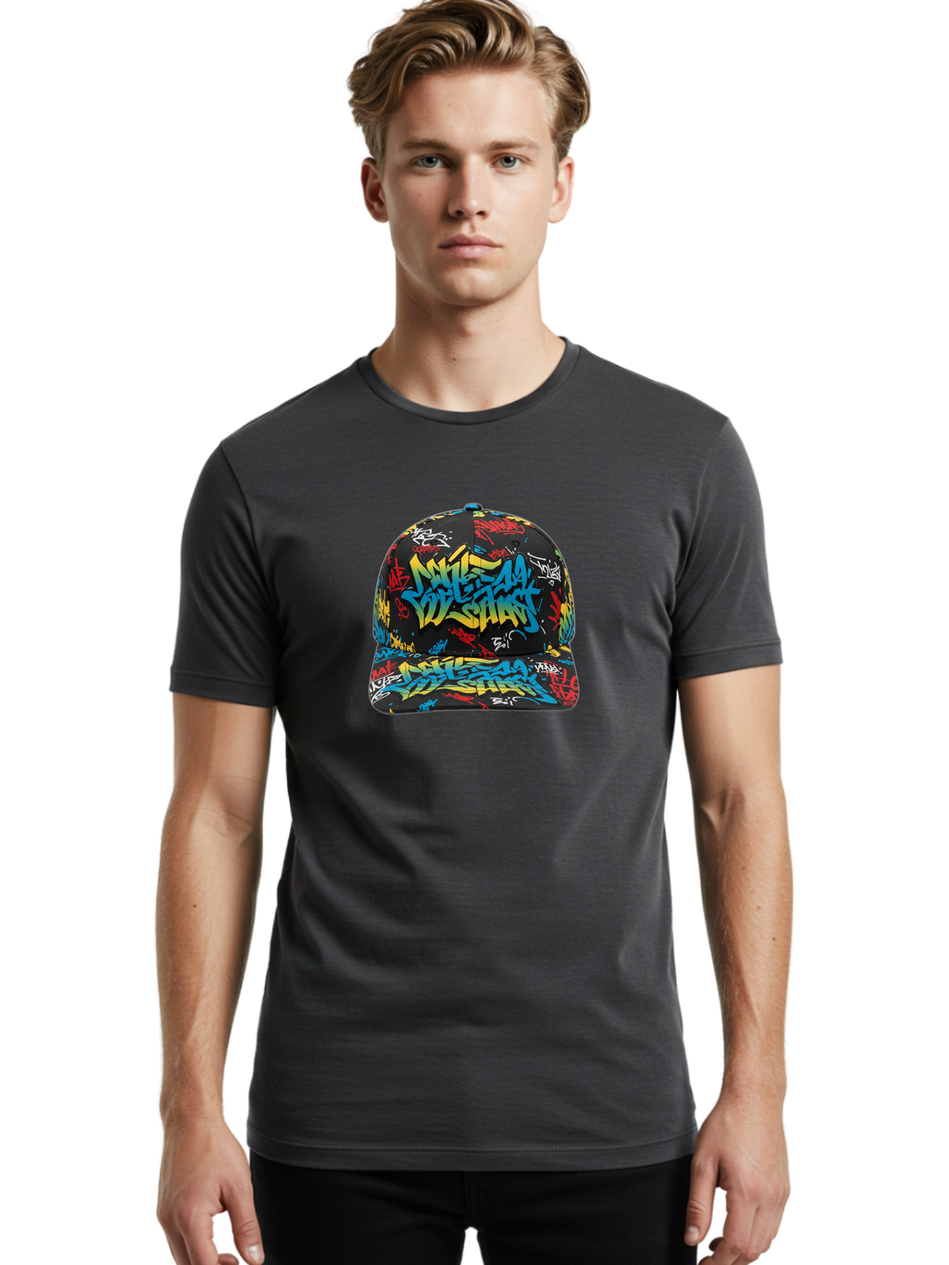 Mike-D-S-Graffiti-Cap Men'S Graphic Tee, 100% Cotton, Comfortable Casual Summer Wear, Machine Washable, Baseball Cap, Graffiti Style, Streetwear Fashion, Urban Clothing, Bold Designs, Vibrant Colors, Stylish Accessories, Casual Wear, Bad318