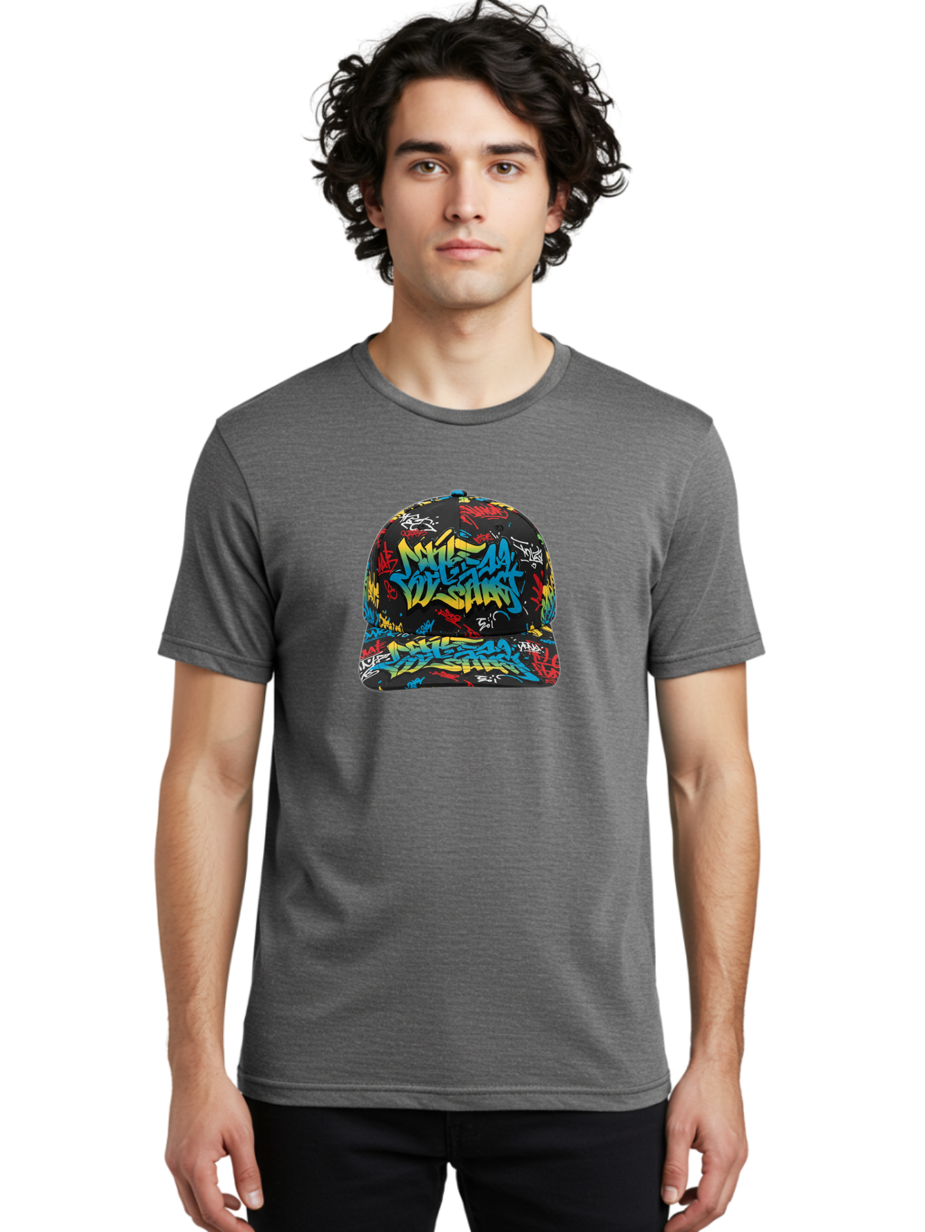 Mike-D-S-Graffiti-Cap Men'S Graphic Tee, 100% Cotton, Comfortable Casual Summer Wear, Machine Washable, Baseball Cap, Graffiti Style, Streetwear Fashion, Urban Clothing, Bold Designs, Vibrant Colors, Stylish Accessories, Casual Wear, Bad318
