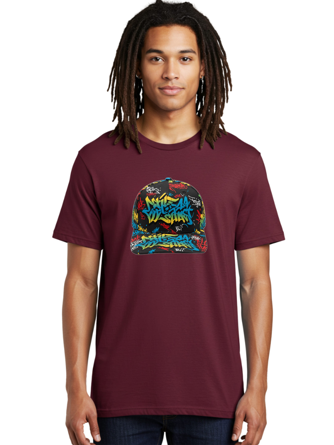 Mike-D-S-Graffiti-Cap Men'S Graphic Tee, 100% Cotton, Comfortable Casual Summer Wear, Machine Washable, Baseball Cap, Graffiti Style, Streetwear Fashion, Urban Clothing, Bold Designs, Vibrant Colors, Stylish Accessories, Casual Wear, Bad318