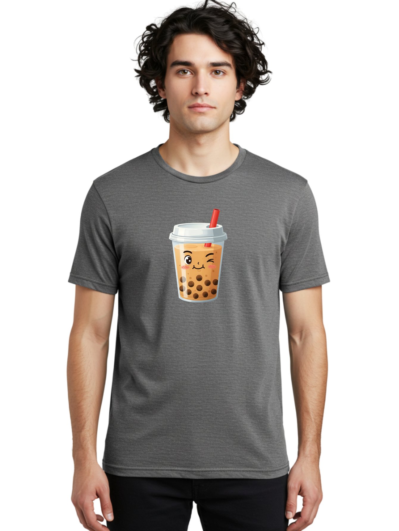 Milk-Tea-1 Men'S Graphic Tee, 100% Cotton, Comfortable Casual Summer Wear, Machine Washable, Milk Tea, Boba Tea, Bubble Tea, Cartoon Character, Cute Drink, Takeout Cup, Straw, Kawaii, Adorable Beverage, Tea Time, Fun Design Bad319