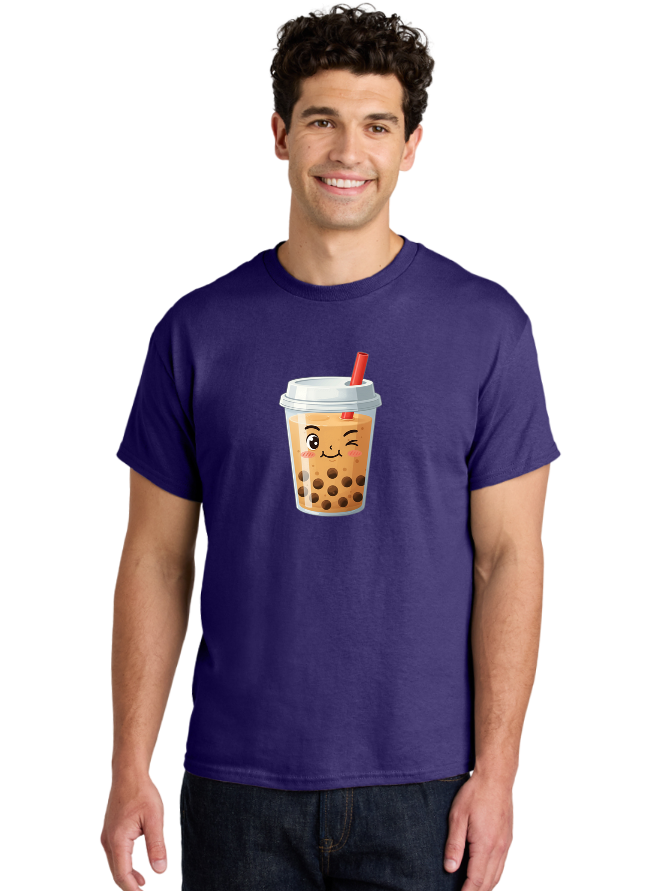 Milk-Tea-1 Men'S Graphic Tee, 100% Cotton, Comfortable Casual Summer Wear, Machine Washable, Milk Tea, Boba Tea, Bubble Tea, Cartoon Character, Cute Drink, Takeout Cup, Straw, Kawaii, Adorable Beverage, Tea Time, Fun Design Bad319