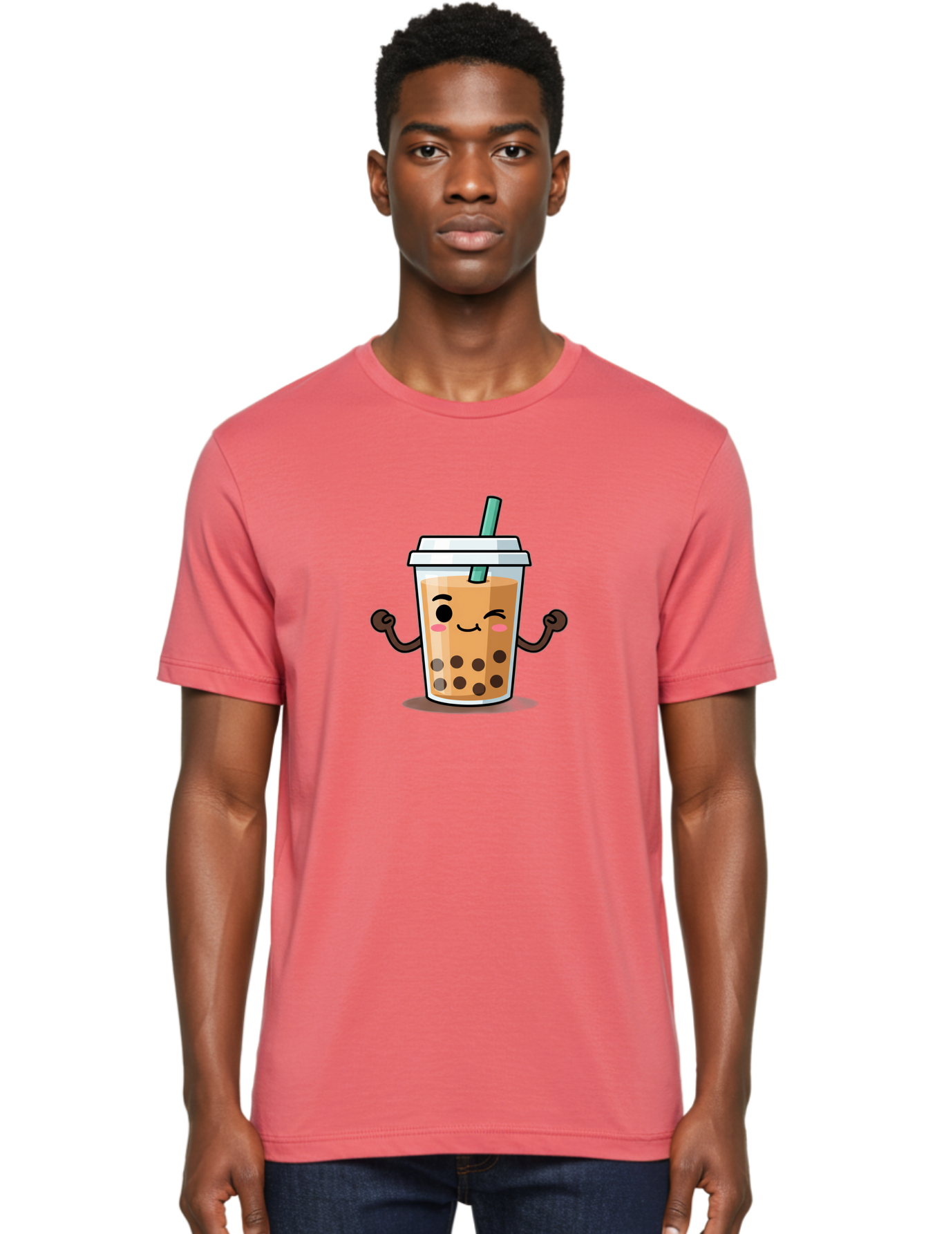 Milk-Tea-2 Men'S Graphic Tee, 100% Cotton, Comfortable Casual Summer Wear, Machine Washable, Cartoon Boba Tea, Milk Tea With Boba, Adorable Drink, Flexing Boba Tea, Cute Beverage, Kawaii Boba, Smiling Drink, Bubble Tea Character, Bad320