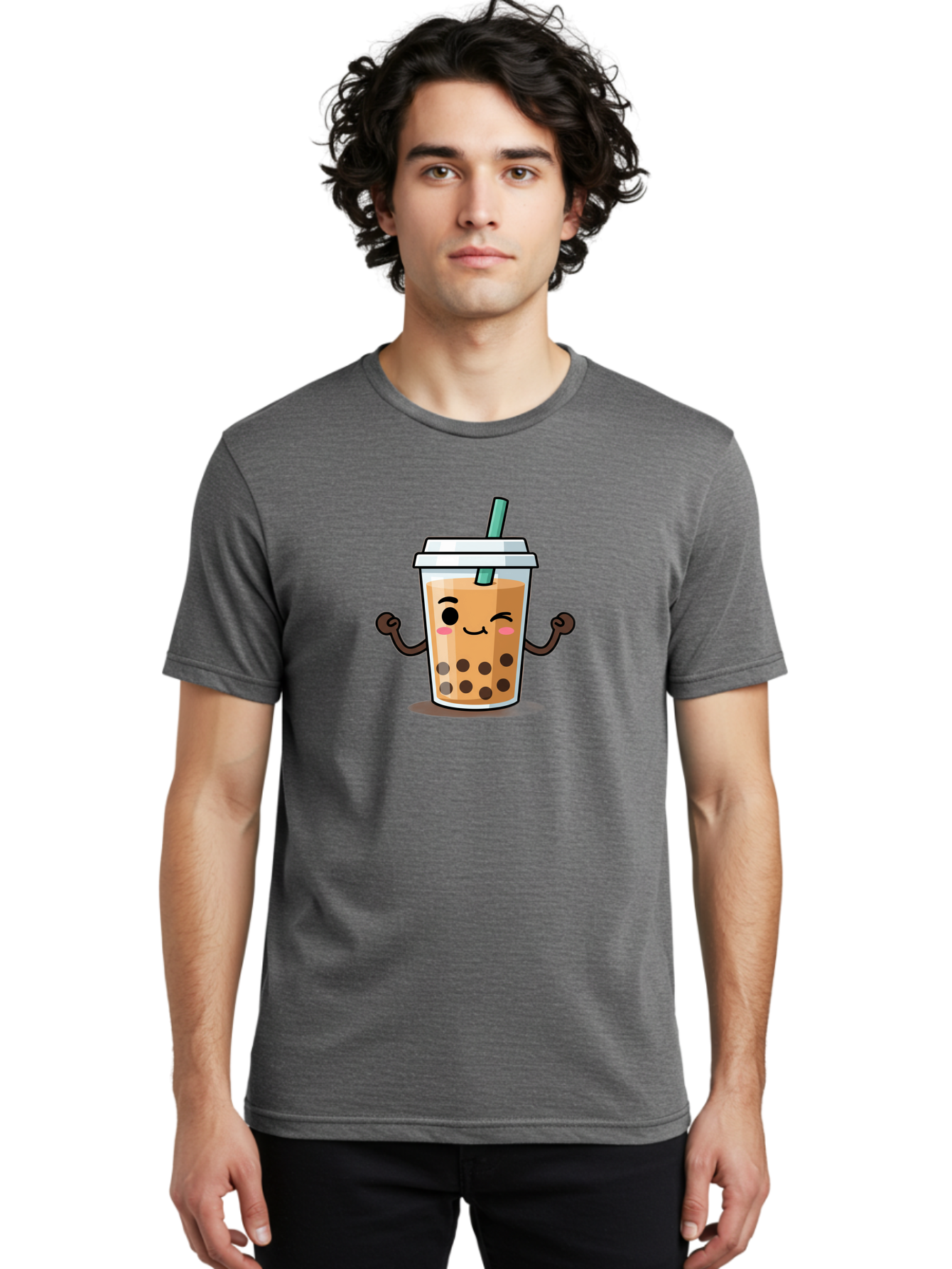 Milk-Tea-2 Men'S Graphic Tee, 100% Cotton, Comfortable Casual Summer Wear, Machine Washable, Cartoon Boba Tea, Milk Tea With Boba, Adorable Drink, Flexing Boba Tea, Cute Beverage, Kawaii Boba, Smiling Drink, Bubble Tea Character, Bad320