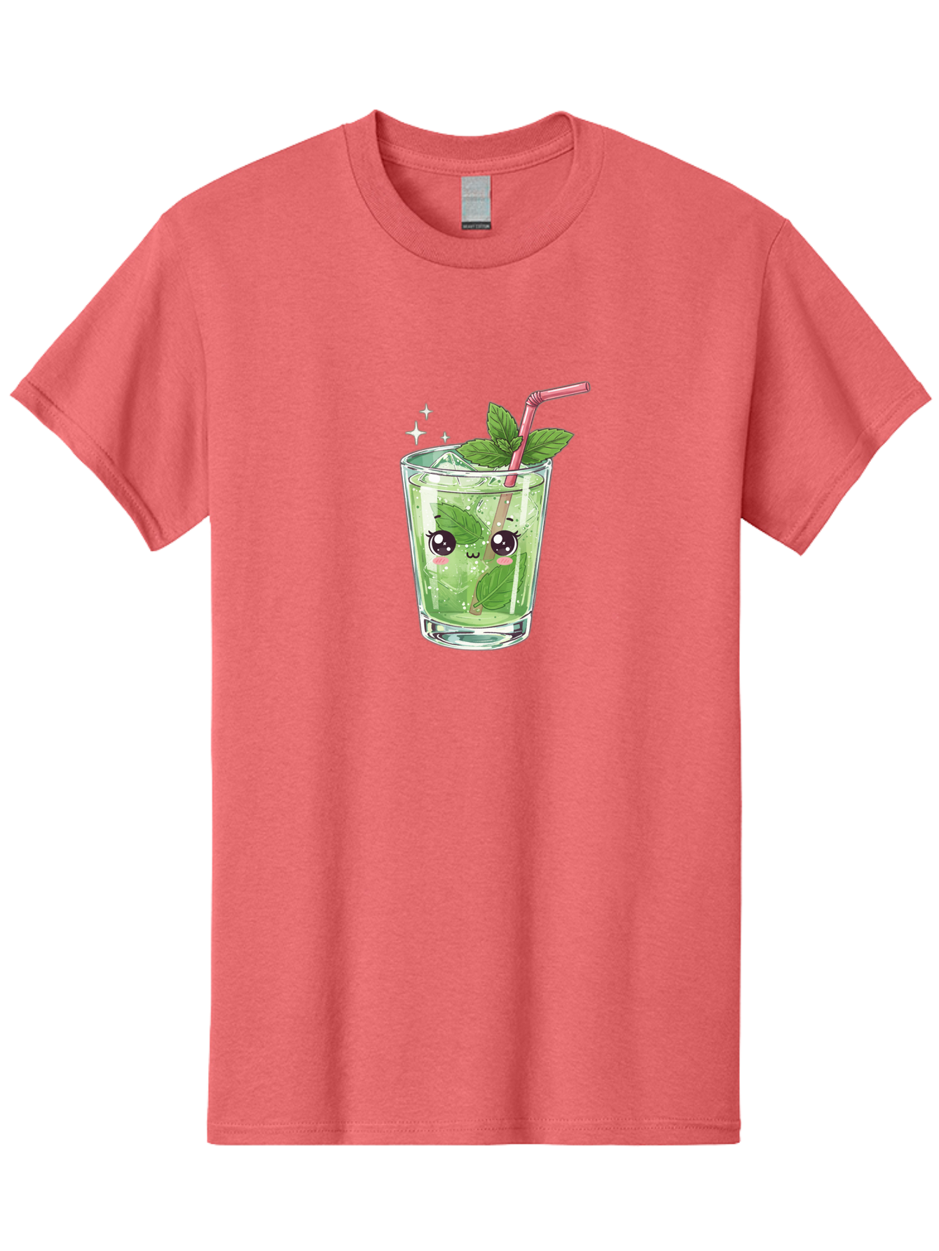 Mint-Drink Men'S Graphic Tee, 100% Cotton, Comfortable Casual Summer Wear, Machine Washable, Mojito Cocktail, Refreshing Drink, Summer Beverage, Mint Leaves, Cute Cartoon Character, Sparkle, Pink Straw, Cool Drink, Trendy Bad323