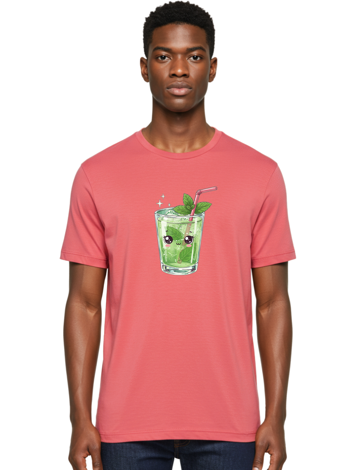 Mint-Drink Men'S Graphic Tee, 100% Cotton, Comfortable Casual Summer Wear, Machine Washable, Mojito Cocktail, Refreshing Drink, Summer Beverage, Mint Leaves, Cute Cartoon Character, Sparkle, Pink Straw, Cool Drink, Trendy Bad323