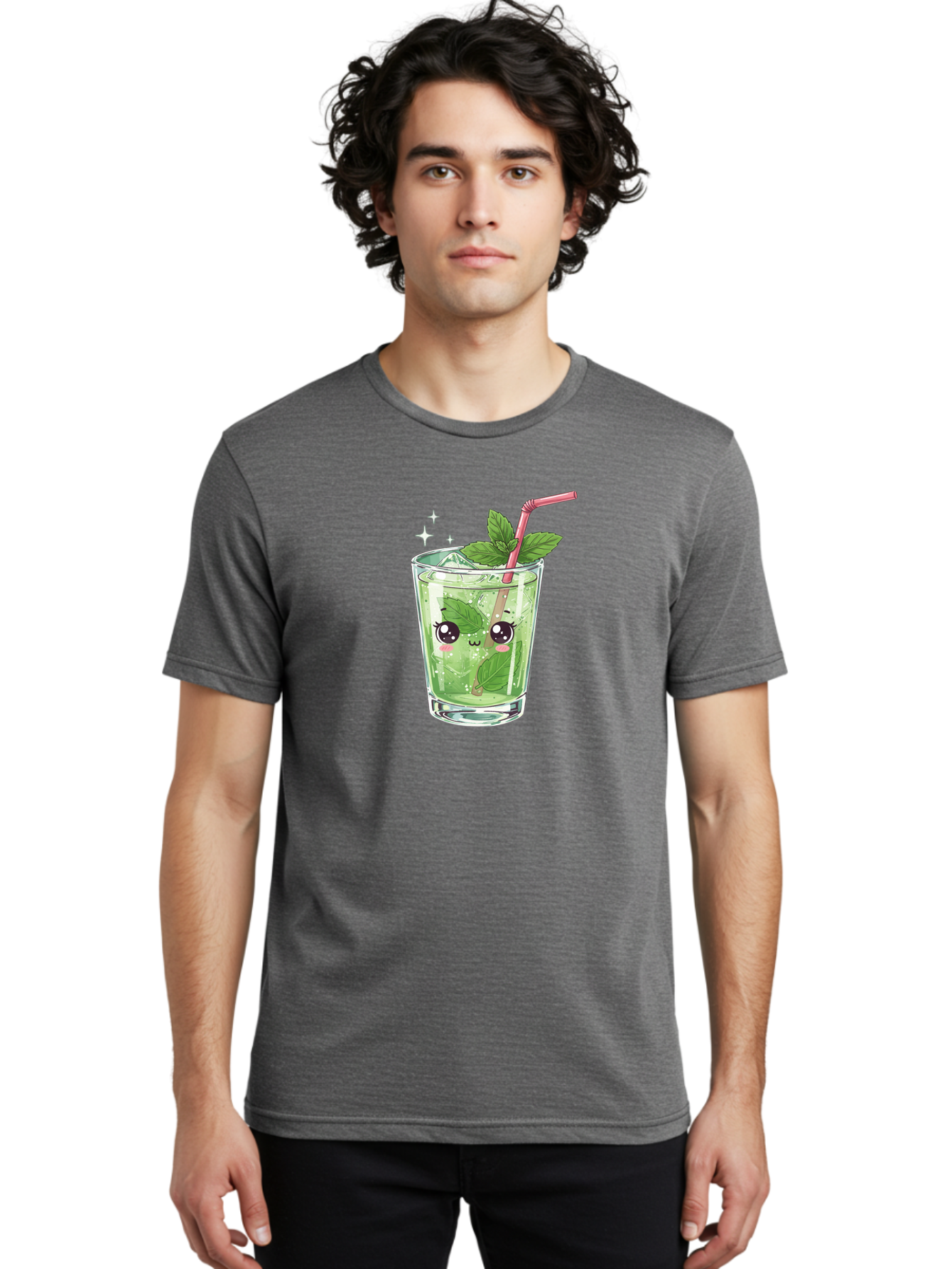 Mint-Drink Men'S Graphic Tee, 100% Cotton, Comfortable Casual Summer Wear, Machine Washable, Mojito Cocktail, Refreshing Drink, Summer Beverage, Mint Leaves, Cute Cartoon Character, Sparkle, Pink Straw, Cool Drink, Trendy Bad323