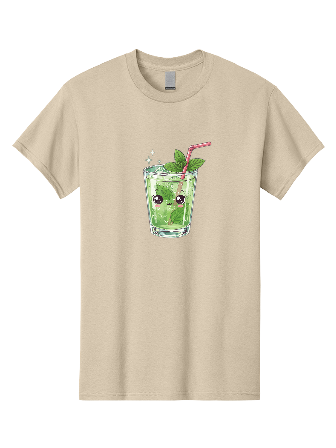 Mint-Drink Men'S Graphic Tee, 100% Cotton, Comfortable Casual Summer Wear, Machine Washable, Mojito Cocktail, Refreshing Drink, Summer Beverage, Mint Leaves, Cute Cartoon Character, Sparkle, Pink Straw, Cool Drink, Trendy Bad323