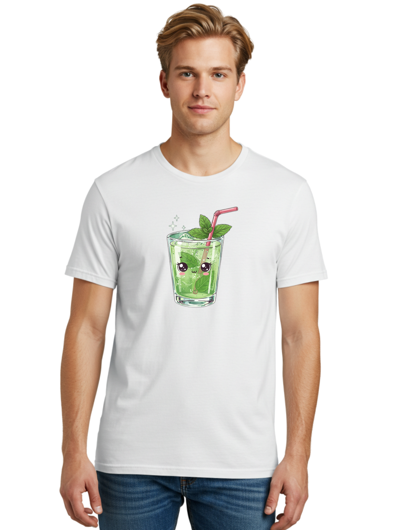 Mint-Drink Men'S Graphic Tee, 100% Cotton, Comfortable Casual Summer Wear, Machine Washable, Mojito Cocktail, Refreshing Drink, Summer Beverage, Mint Leaves, Cute Cartoon Character, Sparkle, Pink Straw, Cool Drink, Trendy Bad323