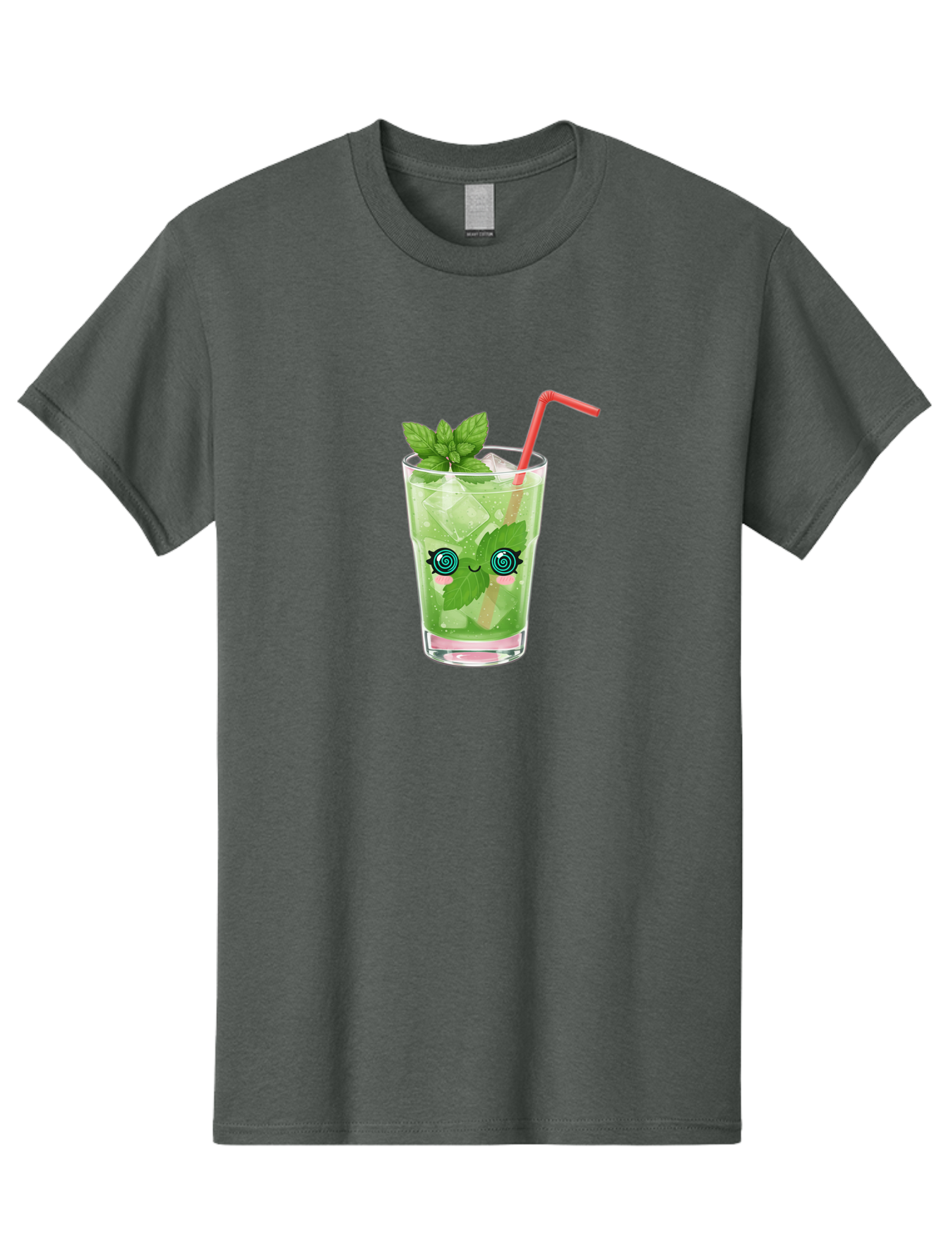 Minty-Cocktail-1 Men'S Graphic Tee, 100% Cotton, Comfortable Casual Summer Wear, Machine Washable, Refreshing Mojito Cocktail, Cartoon Face On Glass, Mint Leaves, Ice Cubes, Pink Straw, Whimsical Design, Fun Drink, Summer Beverage, Bad324