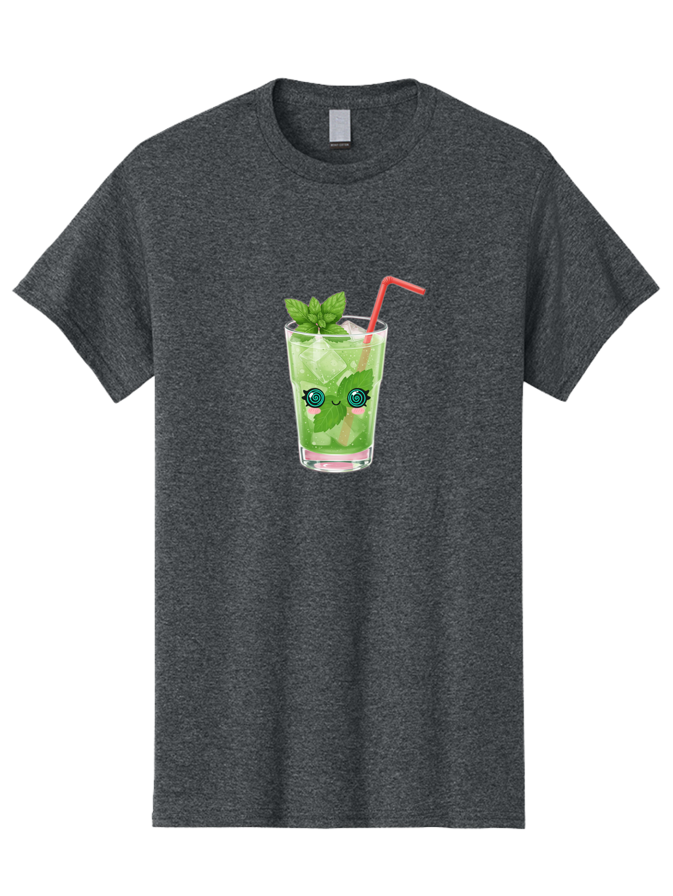 Minty-Cocktail-1 Men'S Graphic Tee, 100% Cotton, Comfortable Casual Summer Wear, Machine Washable, Refreshing Mojito Cocktail, Cartoon Face On Glass, Mint Leaves, Ice Cubes, Pink Straw, Whimsical Design, Fun Drink, Summer Beverage, Bad324