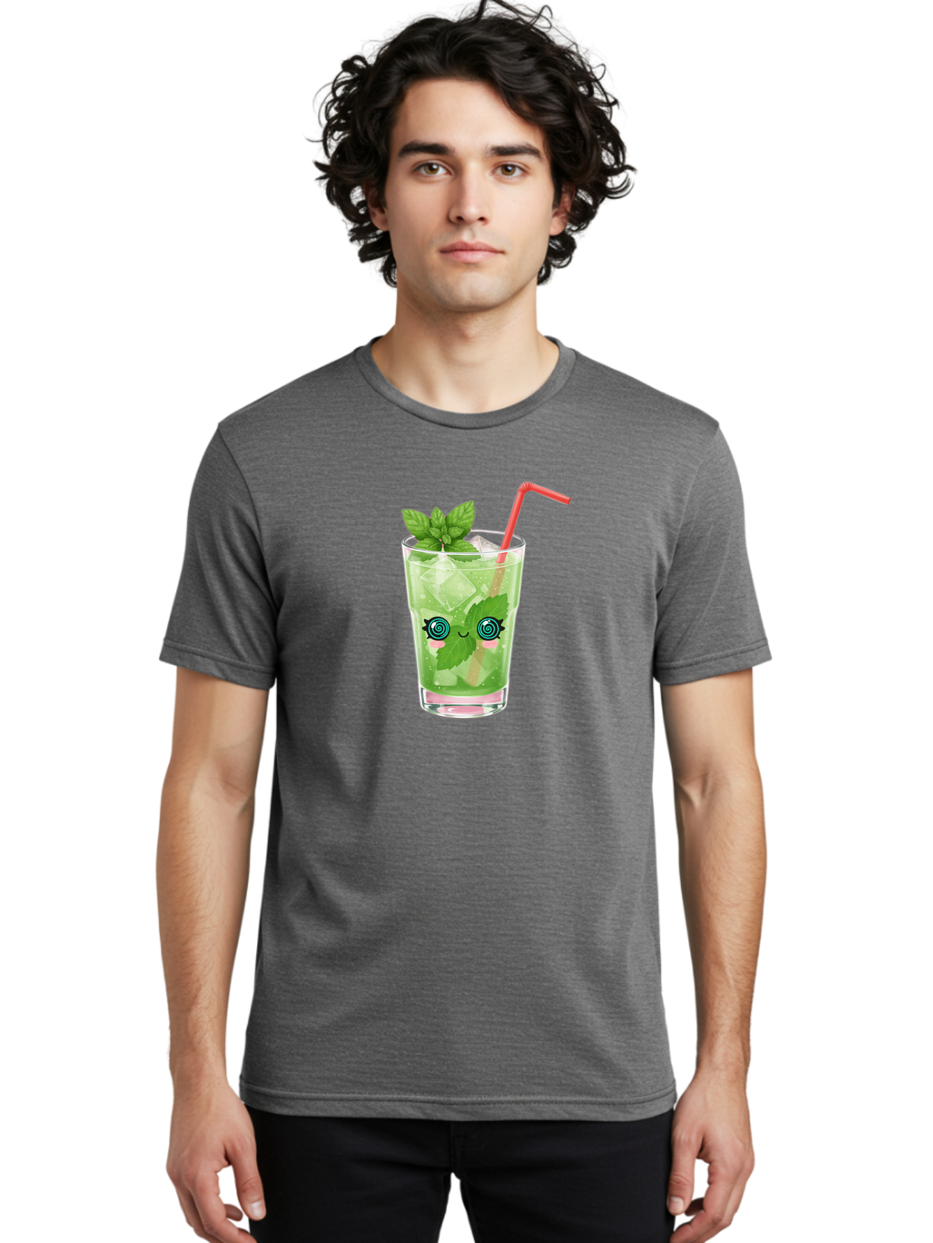 Minty-Cocktail-1 Men'S Graphic Tee, 100% Cotton, Comfortable Casual Summer Wear, Machine Washable, Refreshing Mojito Cocktail, Cartoon Face On Glass, Mint Leaves, Ice Cubes, Pink Straw, Whimsical Design, Fun Drink, Summer Beverage, Bad324