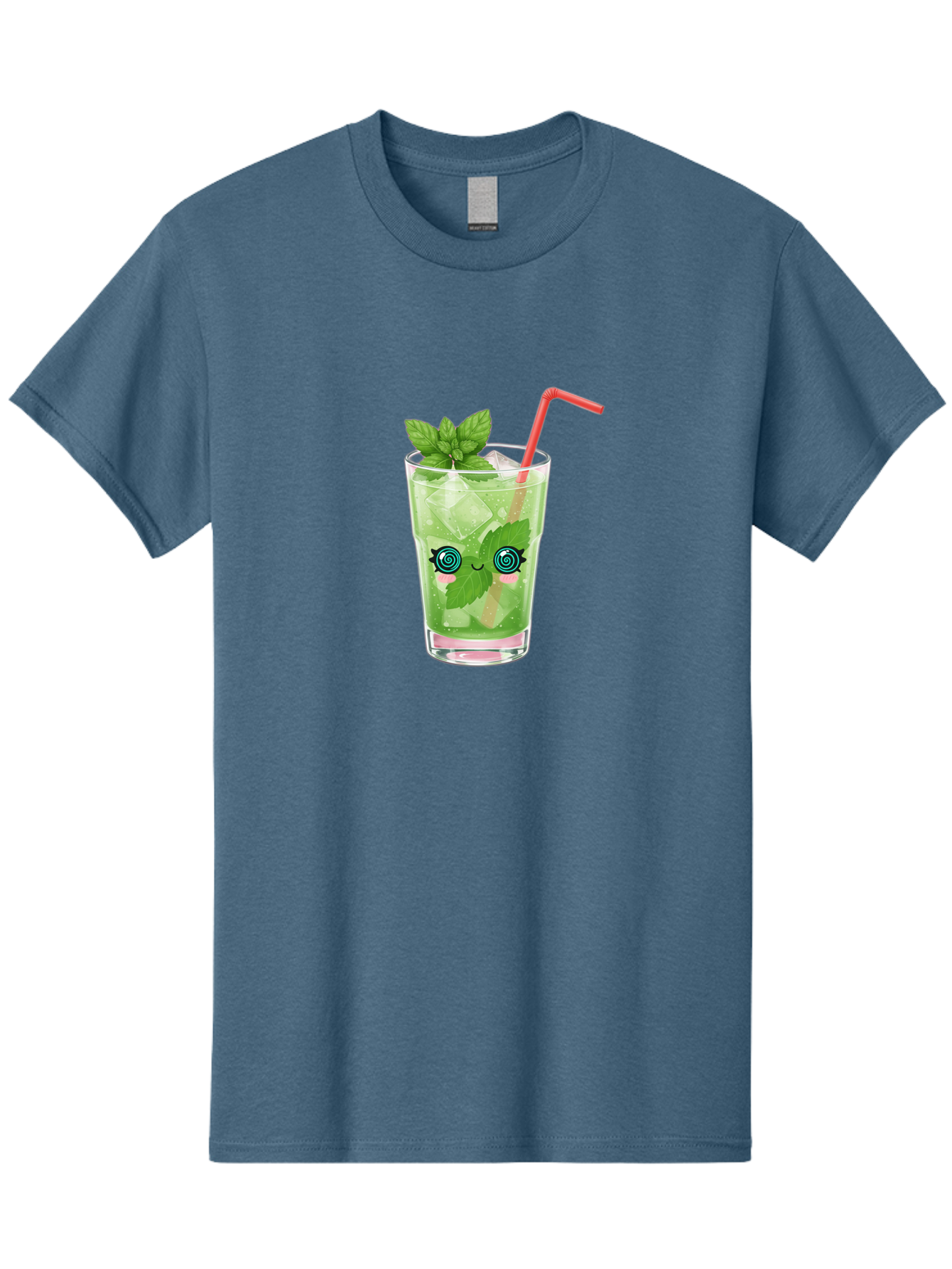 Minty-Cocktail-1 Men'S Graphic Tee, 100% Cotton, Comfortable Casual Summer Wear, Machine Washable, Refreshing Mojito Cocktail, Cartoon Face On Glass, Mint Leaves, Ice Cubes, Pink Straw, Whimsical Design, Fun Drink, Summer Beverage, Bad324