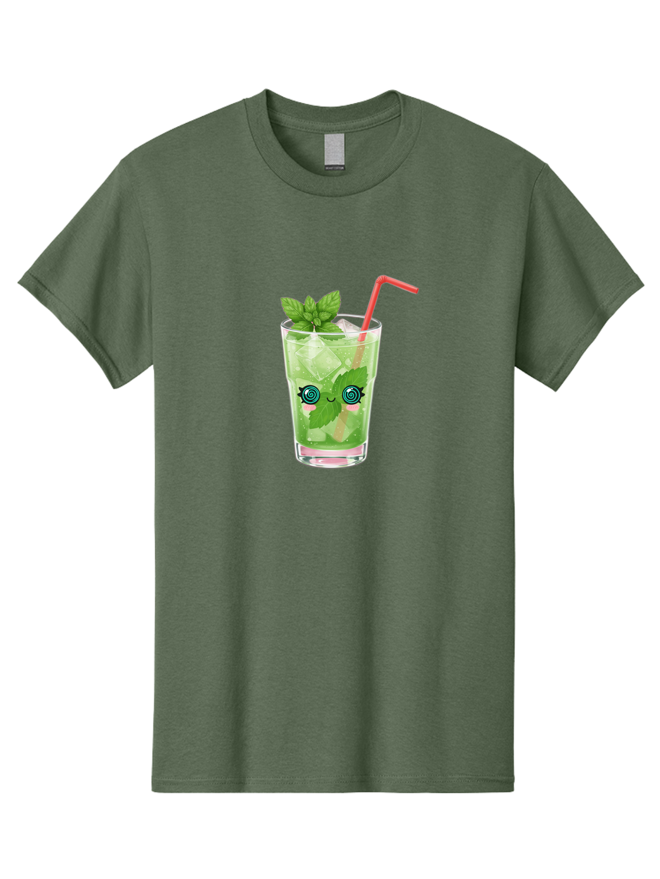 Minty-Cocktail-1 Men'S Graphic Tee, 100% Cotton, Comfortable Casual Summer Wear, Machine Washable, Refreshing Mojito Cocktail, Cartoon Face On Glass, Mint Leaves, Ice Cubes, Pink Straw, Whimsical Design, Fun Drink, Summer Beverage, Bad324
