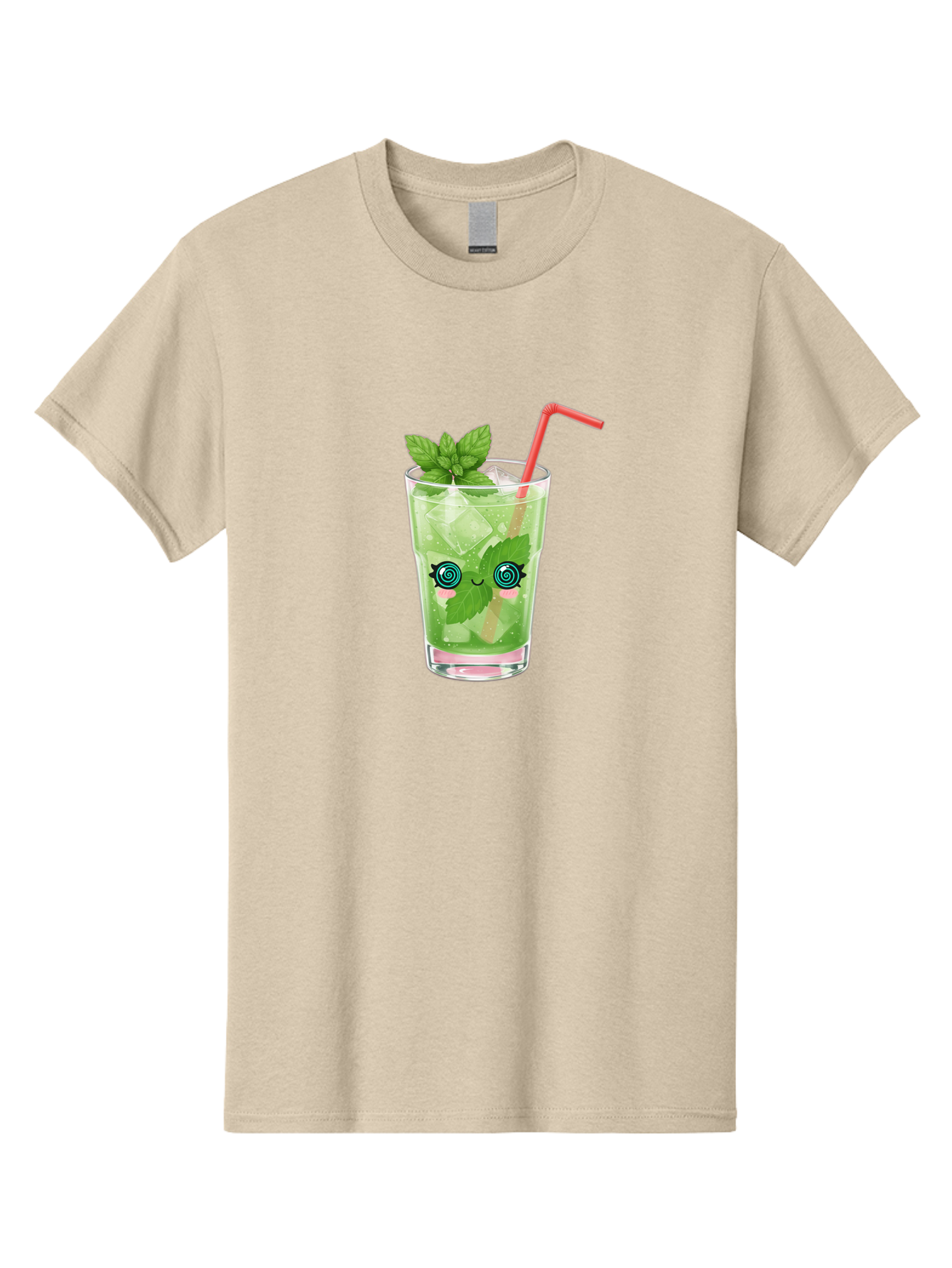 Minty-Cocktail-1 Men'S Graphic Tee, 100% Cotton, Comfortable Casual Summer Wear, Machine Washable, Refreshing Mojito Cocktail, Cartoon Face On Glass, Mint Leaves, Ice Cubes, Pink Straw, Whimsical Design, Fun Drink, Summer Beverage, Bad324