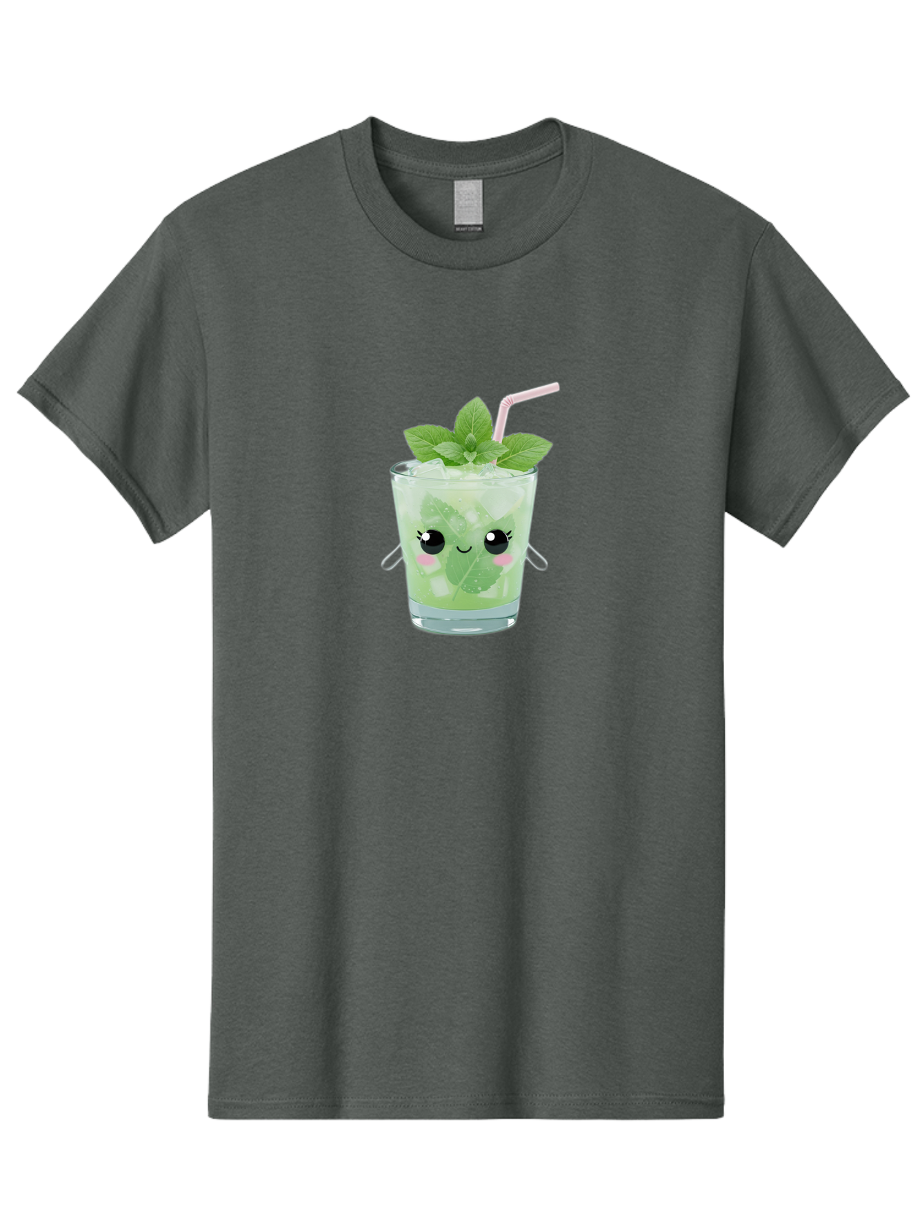 Minty-Cocktail Men'S Graphic Tee, 100% Cotton, Comfortable Casual Summer Wear, Machine Washable, Mint Cocktail, Refreshing Drink, Kawaii Cocktail, Cute Drink, Cartoon Eyes, Mojito, Green Cocktail, Iced Beverage, Straw, Mint Leaves Bad325
