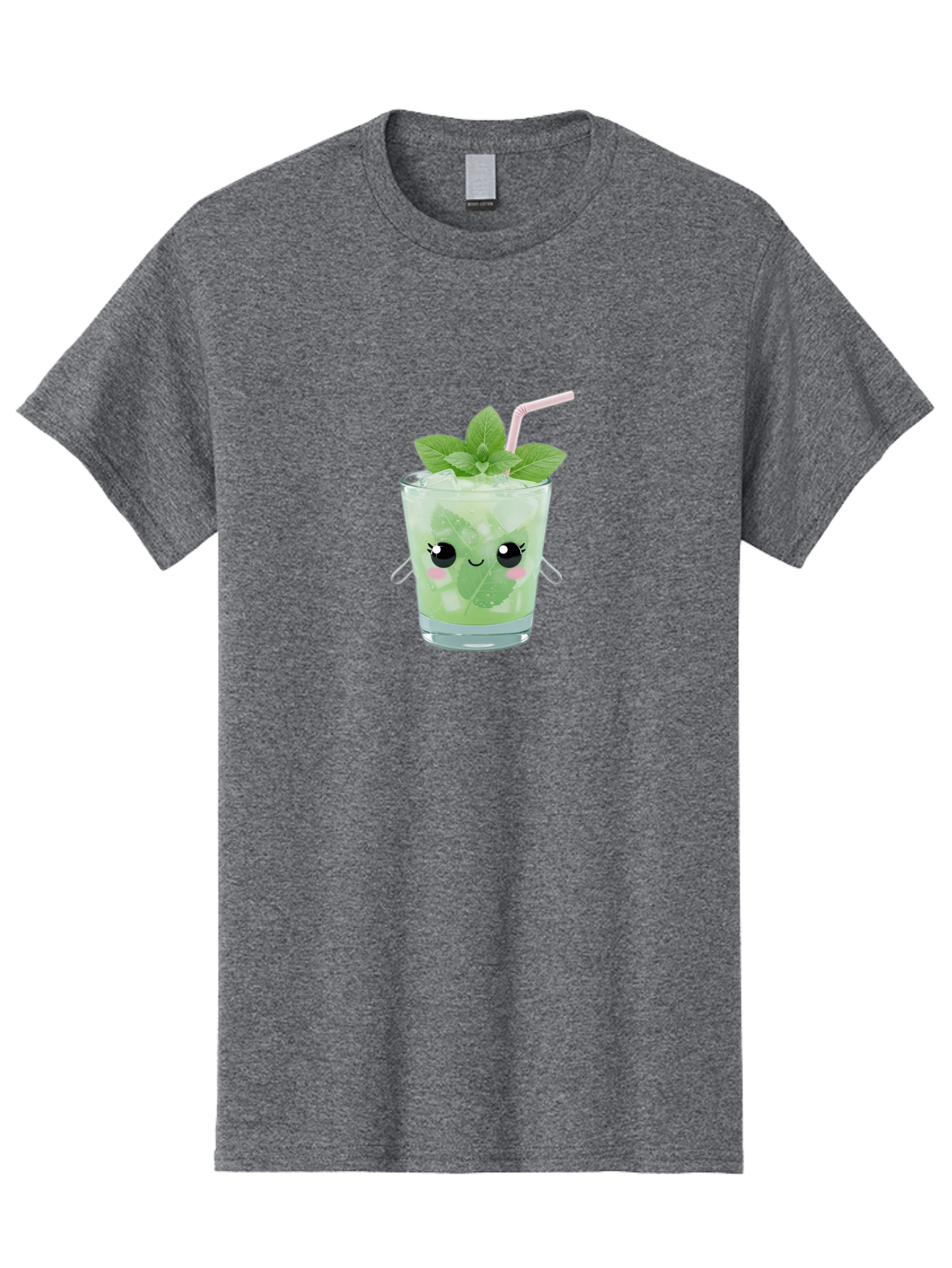 Minty-Cocktail Men'S Graphic Tee, 100% Cotton, Comfortable Casual Summer Wear, Machine Washable, Mint Cocktail, Refreshing Drink, Kawaii Cocktail, Cute Drink, Cartoon Eyes, Mojito, Green Cocktail, Iced Beverage, Straw, Mint Leaves Bad325