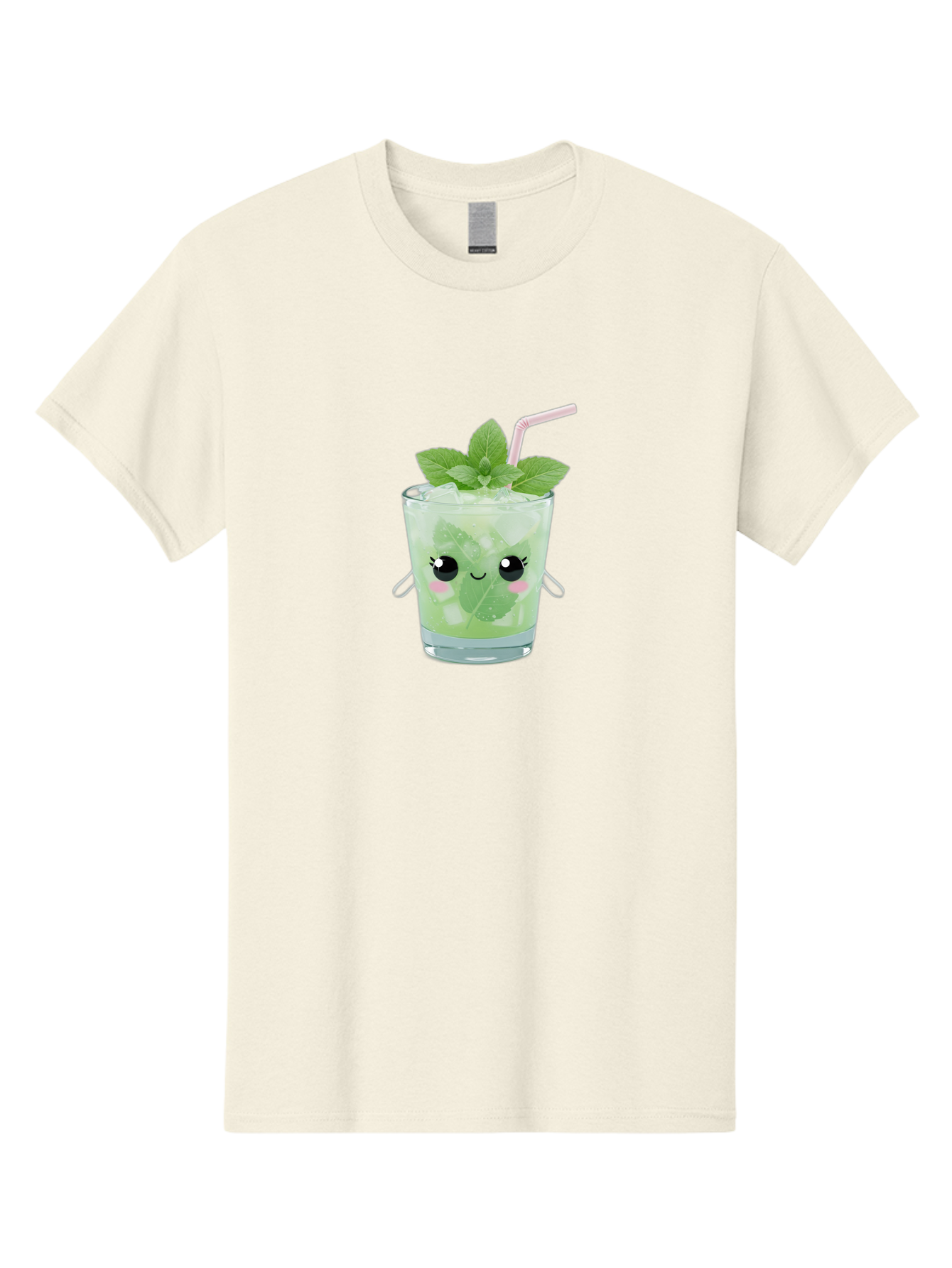 Minty-Cocktail Men'S Graphic Tee, 100% Cotton, Comfortable Casual Summer Wear, Machine Washable, Mint Cocktail, Refreshing Drink, Kawaii Cocktail, Cute Drink, Cartoon Eyes, Mojito, Green Cocktail, Iced Beverage, Straw, Mint Leaves Bad325