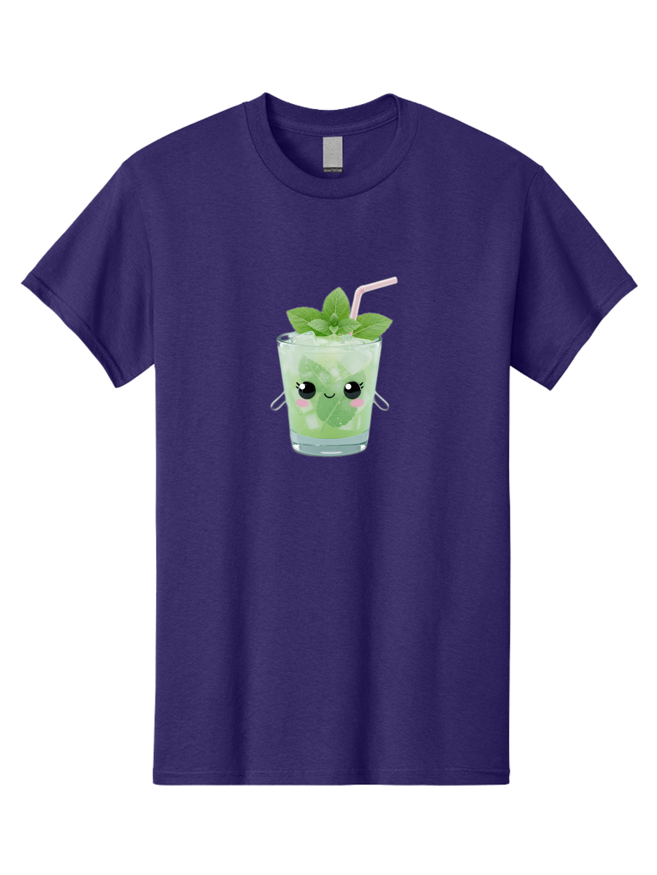 Minty-Cocktail Men'S Graphic Tee, 100% Cotton, Comfortable Casual Summer Wear, Machine Washable, Mint Cocktail, Refreshing Drink, Kawaii Cocktail, Cute Drink, Cartoon Eyes, Mojito, Green Cocktail, Iced Beverage, Straw, Mint Leaves Bad325