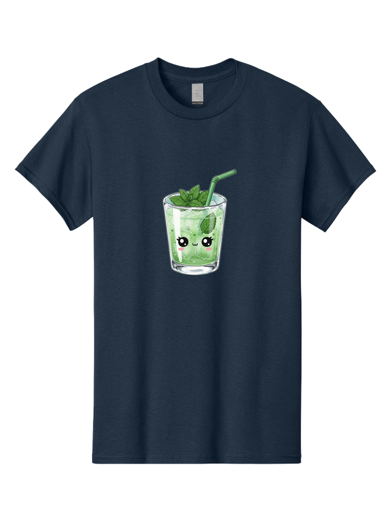 Minty-Drink-1 Men'S Graphic Tee, 100% Cotton, Comfortable Casual Summer Wear, Machine Washable, Refreshing Drink, Mint Leaves, Cute Cartoon Face, Green Straw, Cool Beverage, Iced Drink, Mojito, Summer Refreshment, Fun Illustration, Bad326