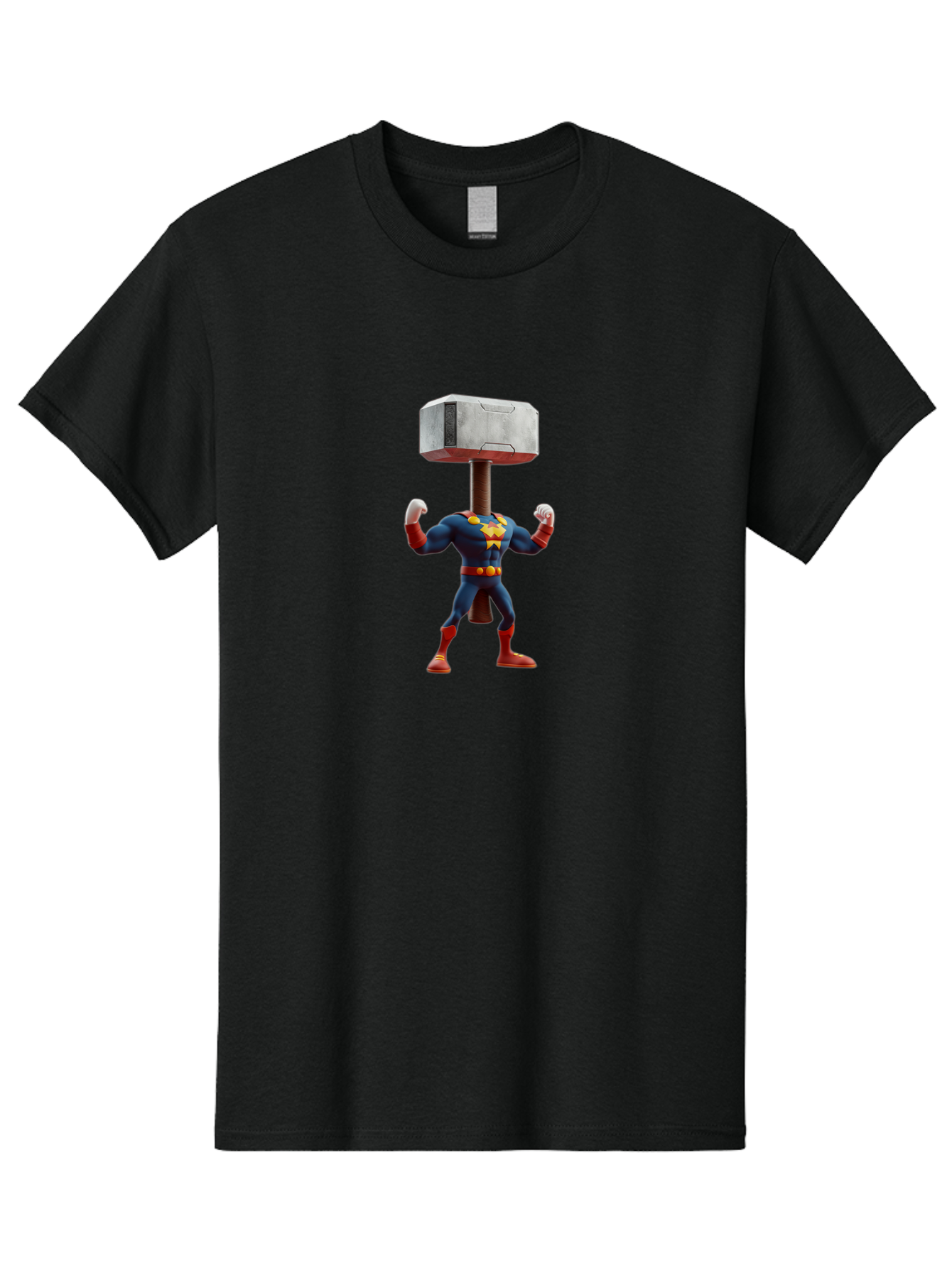 Mjolnir-Thor Men'S Graphic Tee, 100% Cotton, Comfortable Casual Summer Wear, Machine Washable, Thor Flexing Muscles, Superhero Pose, Blue And Red Costume, Yellow Belt And Emblem, Cartoon-Style, Strong And Powerful, Humorous Illustration, Bad328