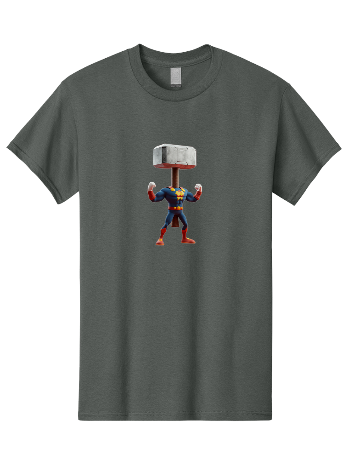 Mjolnir-Thor Men'S Graphic Tee, 100% Cotton, Comfortable Casual Summer Wear, Machine Washable, Thor Flexing Muscles, Superhero Pose, Blue And Red Costume, Yellow Belt And Emblem, Cartoon-Style, Strong And Powerful, Humorous Illustration, Bad328