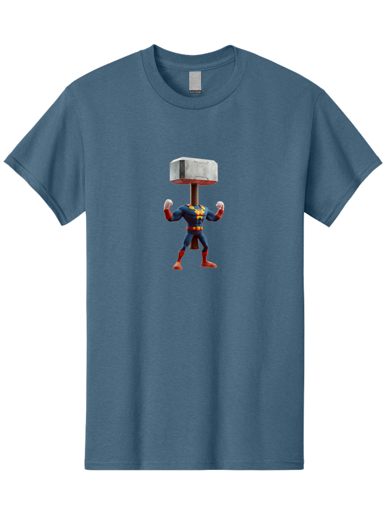 Mjolnir-Thor Men'S Graphic Tee, 100% Cotton, Comfortable Casual Summer Wear, Machine Washable, Thor Flexing Muscles, Superhero Pose, Blue And Red Costume, Yellow Belt And Emblem, Cartoon-Style, Strong And Powerful, Humorous Illustration, Bad328