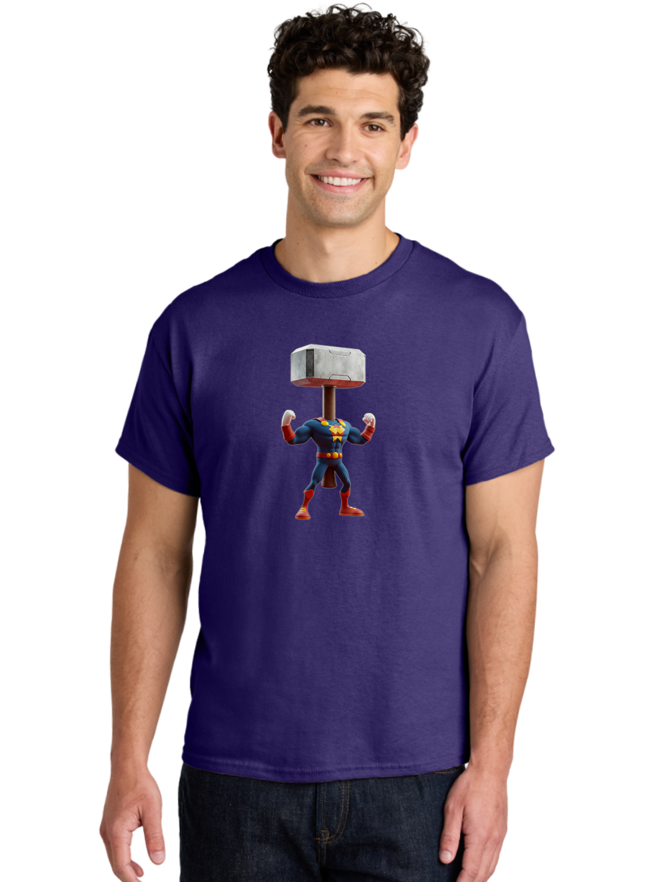 Mjolnir-Thor Men'S Graphic Tee, 100% Cotton, Comfortable Casual Summer Wear, Machine Washable, Thor Flexing Muscles, Superhero Pose, Blue And Red Costume, Yellow Belt And Emblem, Cartoon-Style, Strong And Powerful, Humorous Illustration, Bad328